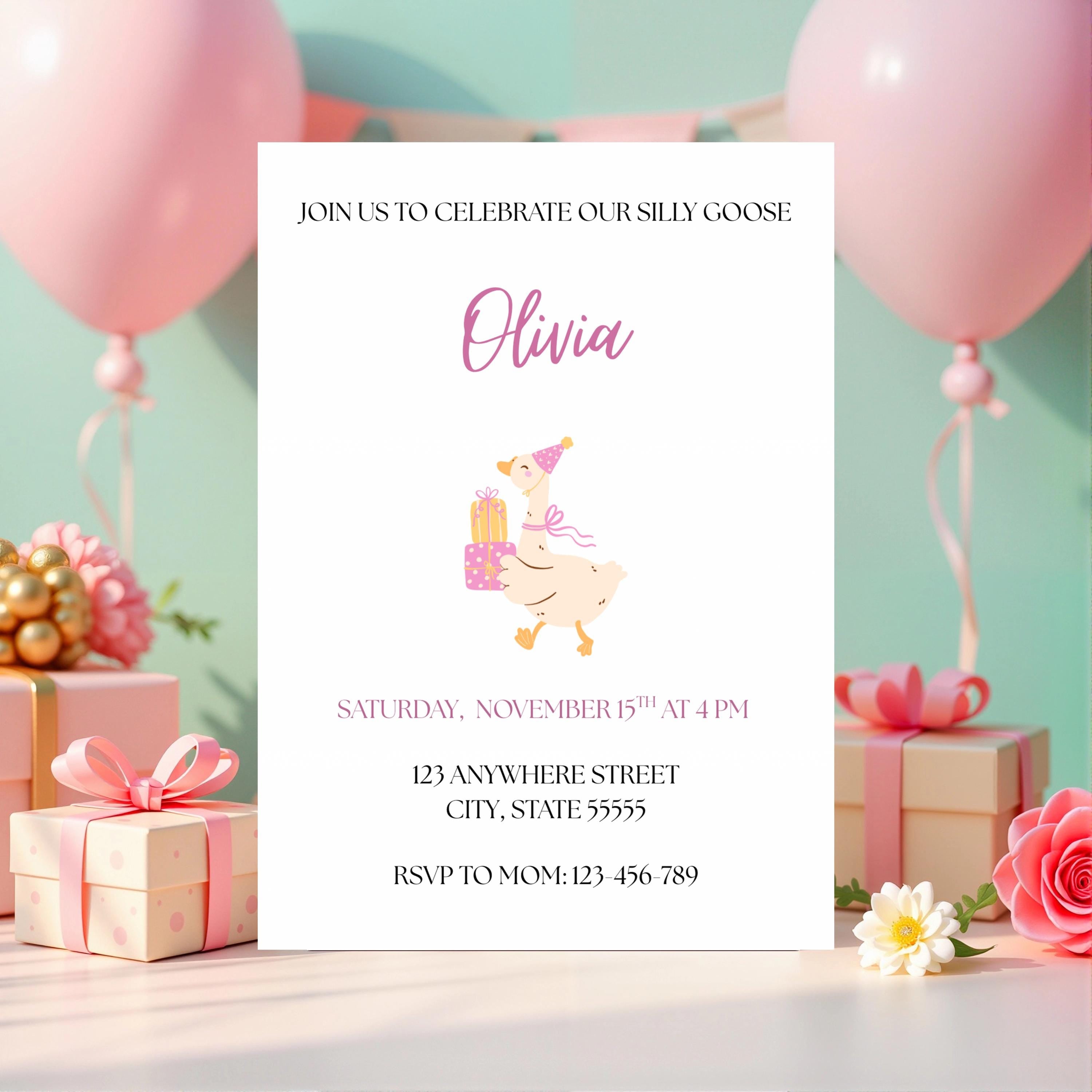 Silly Goose Girl Birthday Party Invitation, Pink Coquette Party Invite, Editable Template
