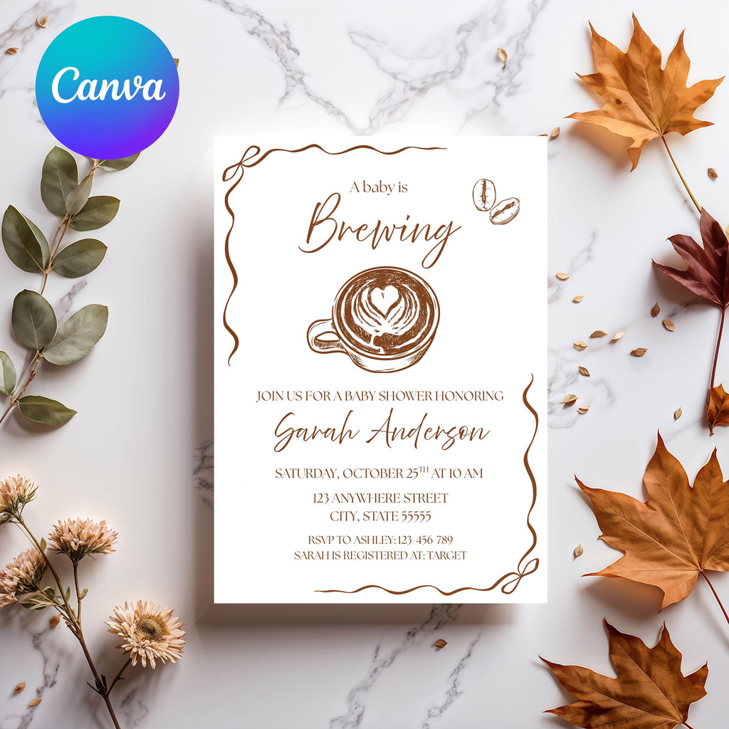 Editable Baby is Brewing Invitation Baby Shower, Brown Hand Drawn Coffee Invite Bundle Template