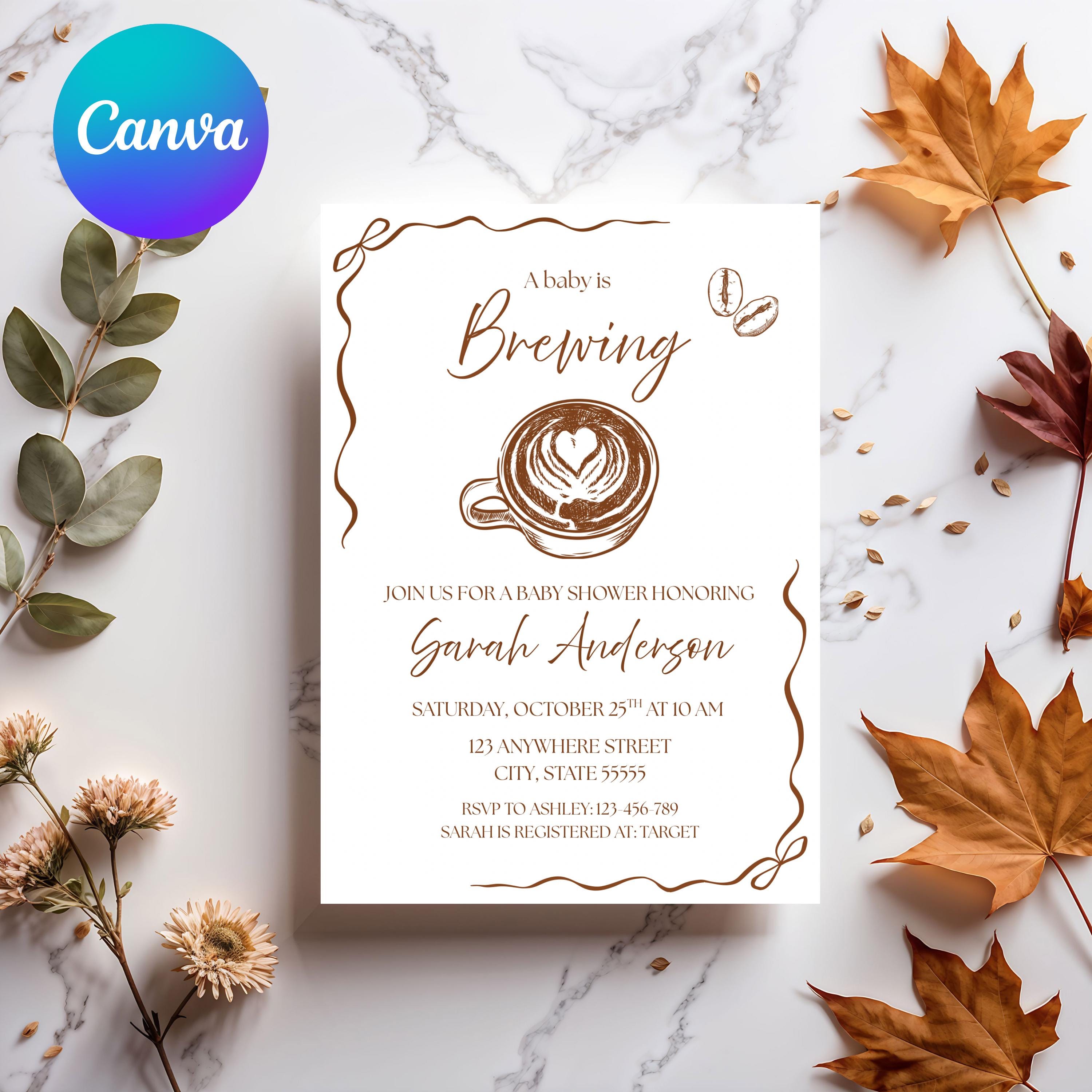Editable Baby is Brewing Invitation Baby Shower, Brown Hand Drawn Coffee Invite Bundle Template