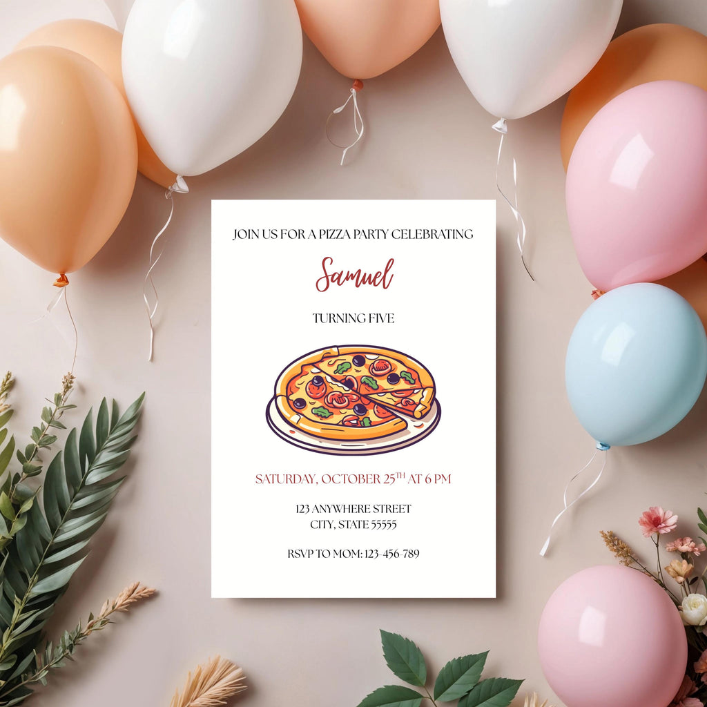 Pizza Party Birthday Invitation, Red Boy Girl Dinner Party Invite, Editable Template