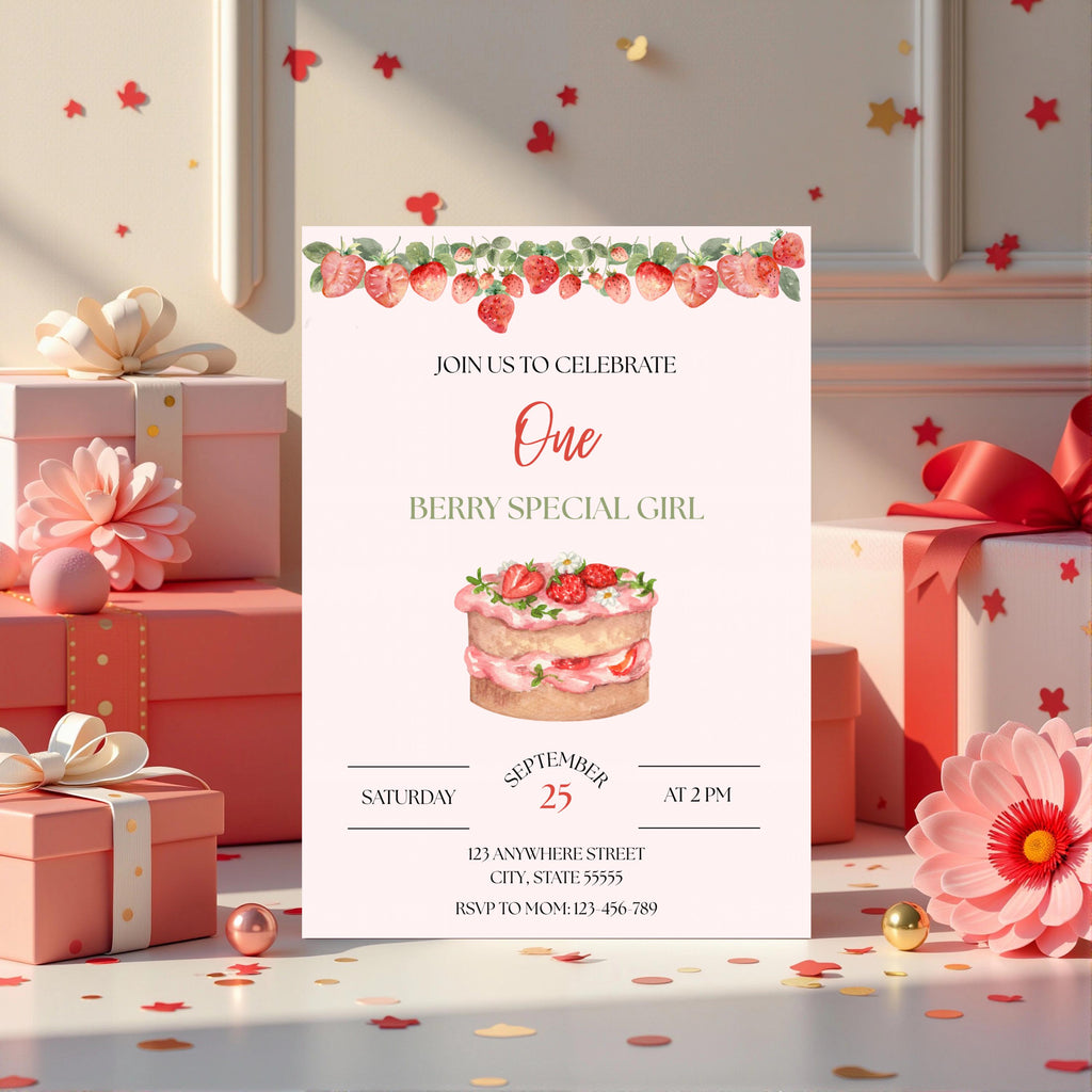 Berry First Birthday Invitation, Girl Party Invite, Canva Editable Template