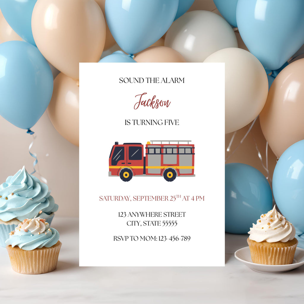 Firetruck Birthday Invitation, Firefighter Sound the Alarm Party Invite, Canva Editable Template