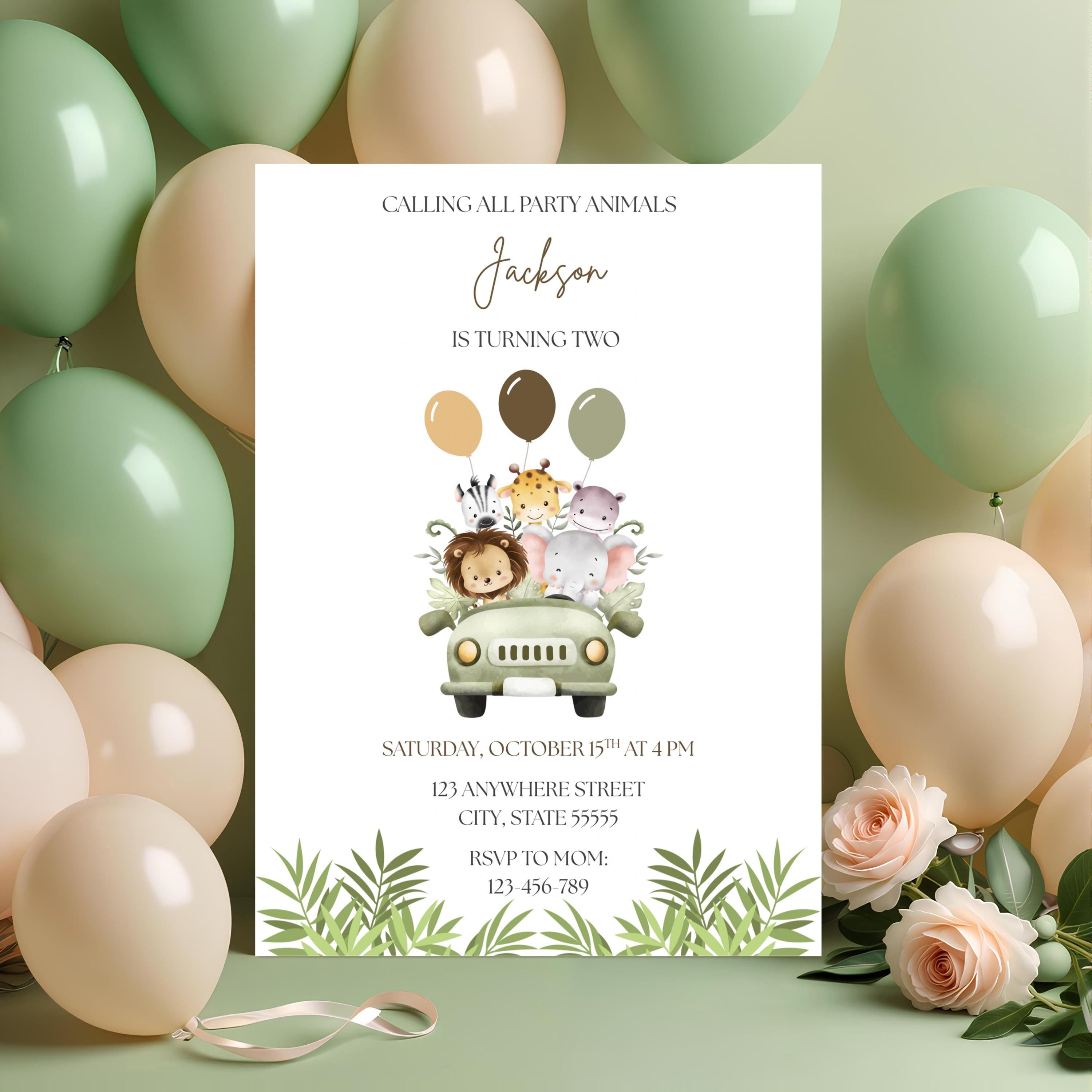 Safari Themed Birthday Invitation, Animal Party Invite, Editable Template
