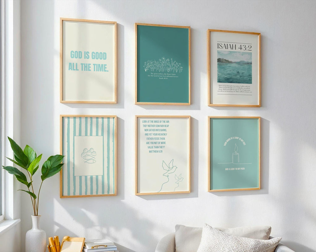 Coastal Christian Wall Art, Blue Bible Verse Poster Print Bundle, Digital Download