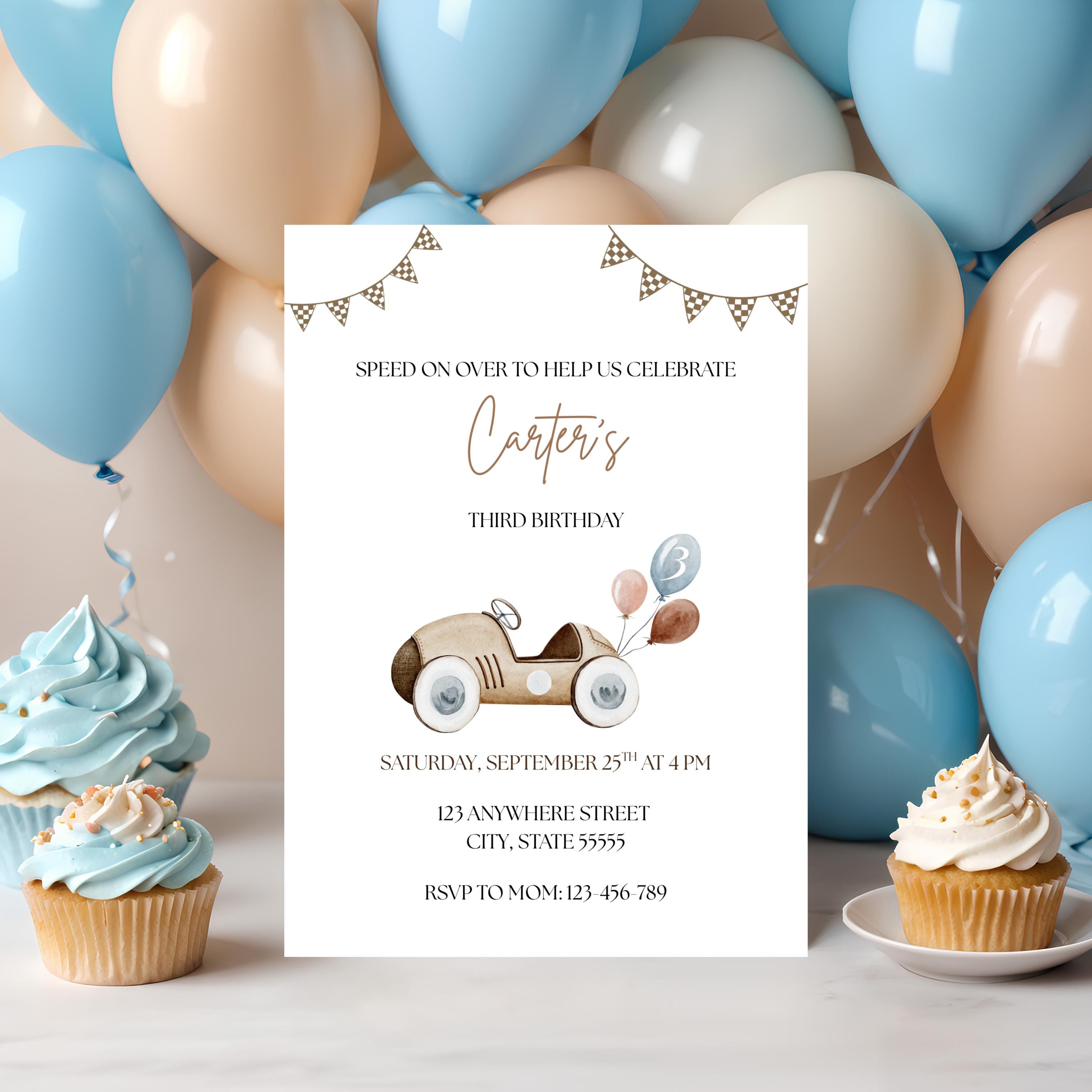 Vintage Race Car with balloons Birthday Invitation, Boys Birthday Party Invite, Editable Template