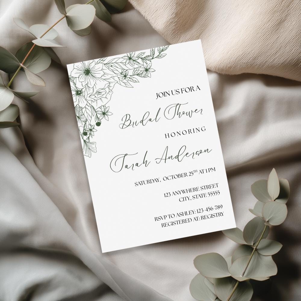Sage Green Bridal Shower Invitation, 5x7 Floral Green Party Invite, Canva Editable Template