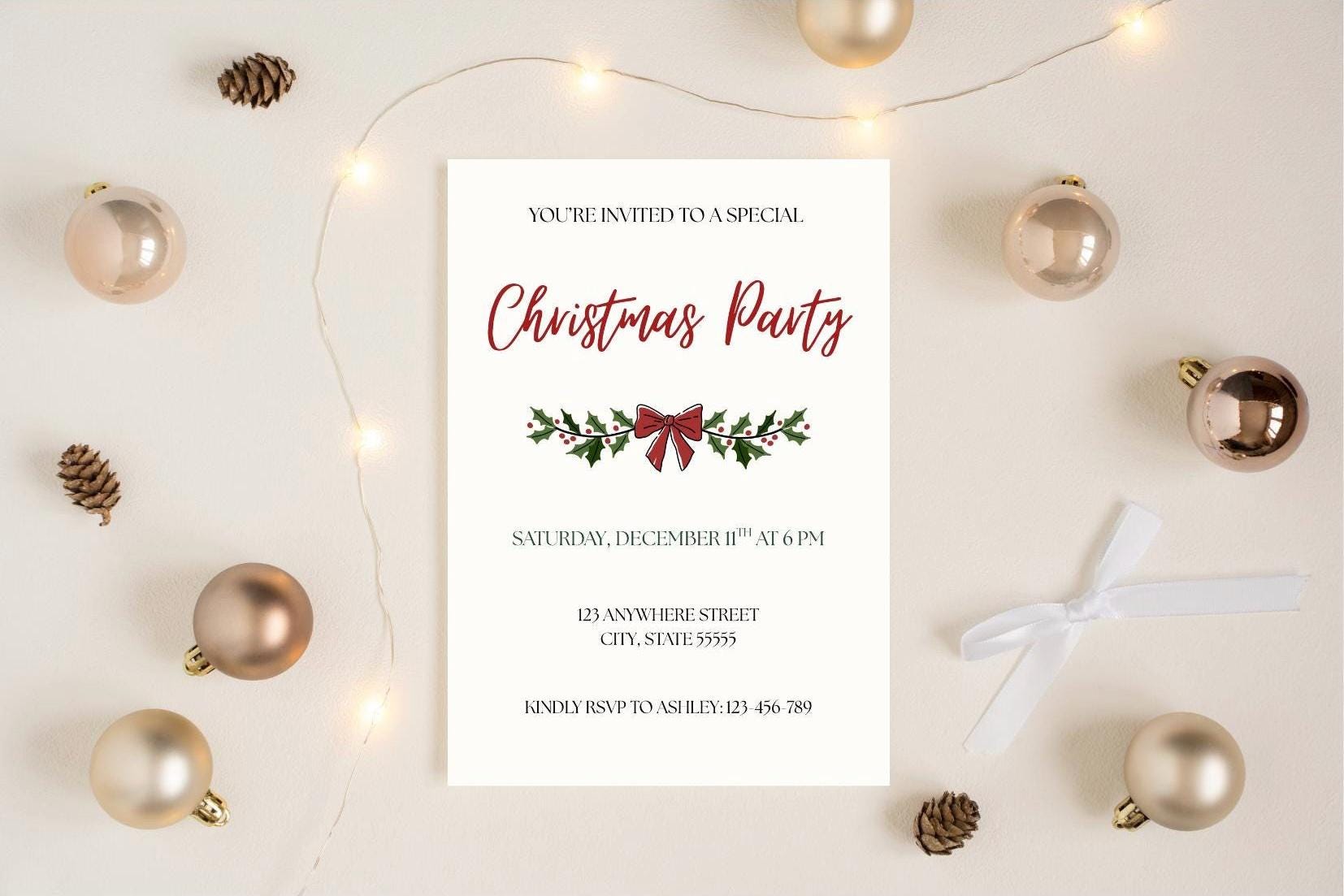 Christmas Party Invitation, Red and Green Bow Holiday Invite, Editable Template