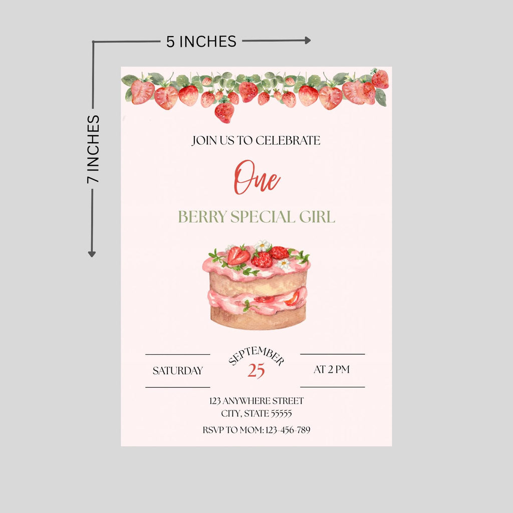 Berry First Birthday Invitation, Girl Party Invite, Canva Editable Template
