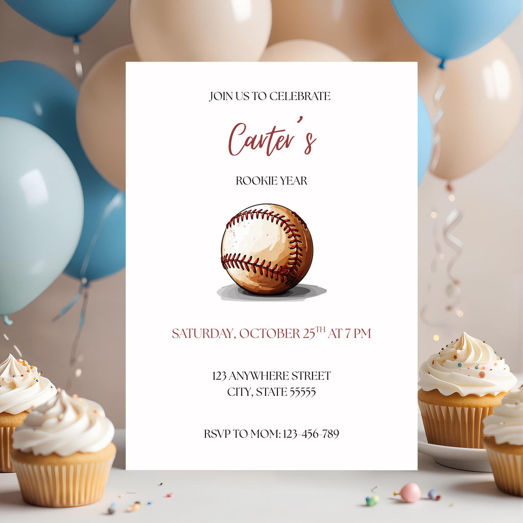 Rookie Year Birthday Invitation, Boys Baseball Themed Party Invite, Editable Template
