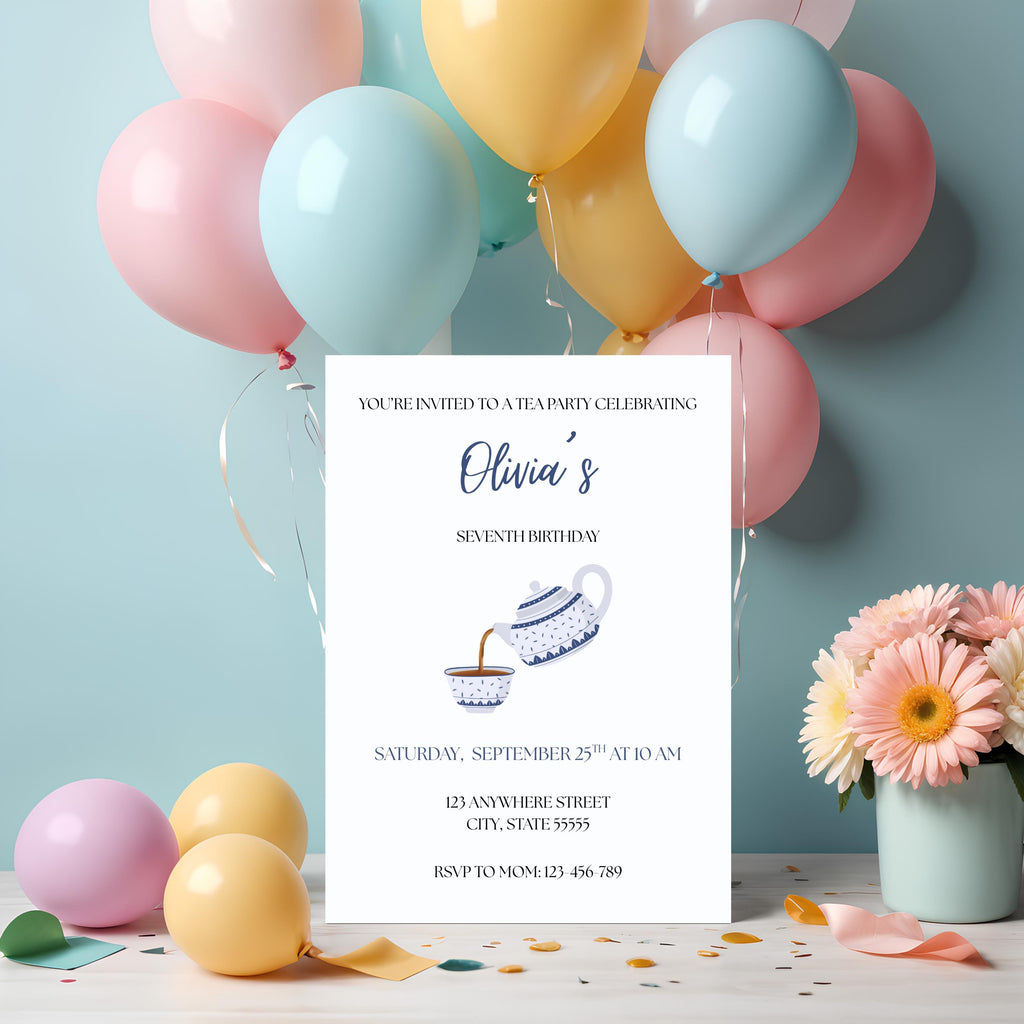 Girl Tea Party Birthday Invitation, Blue Teacup teapot Party Invite, Editable Template
