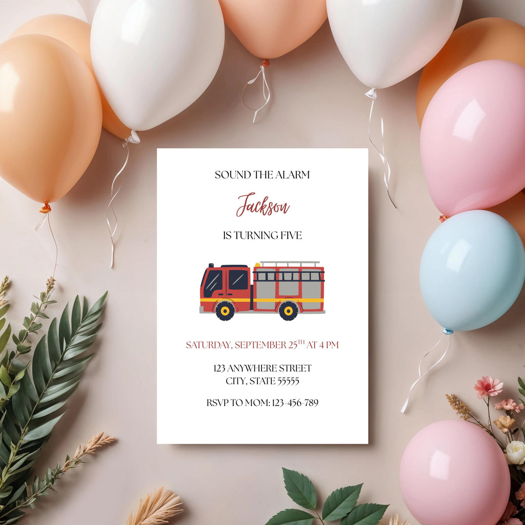 Firetruck Birthday Invitation, Firefighter Sound the Alarm Party Invite, Canva Editable Template