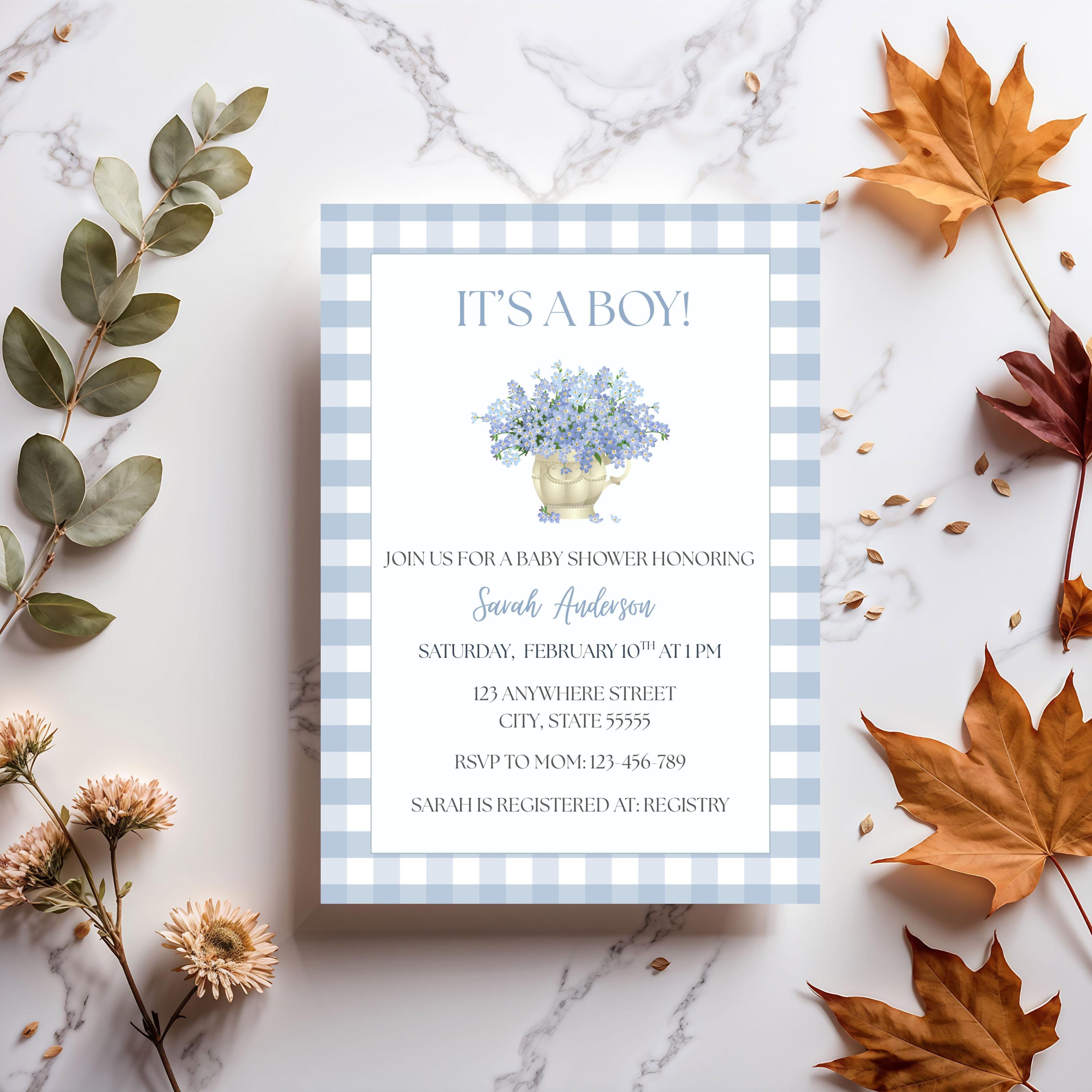 Floral Baby Shower Invitation, Blue Gingham Party Invite, Editable Template