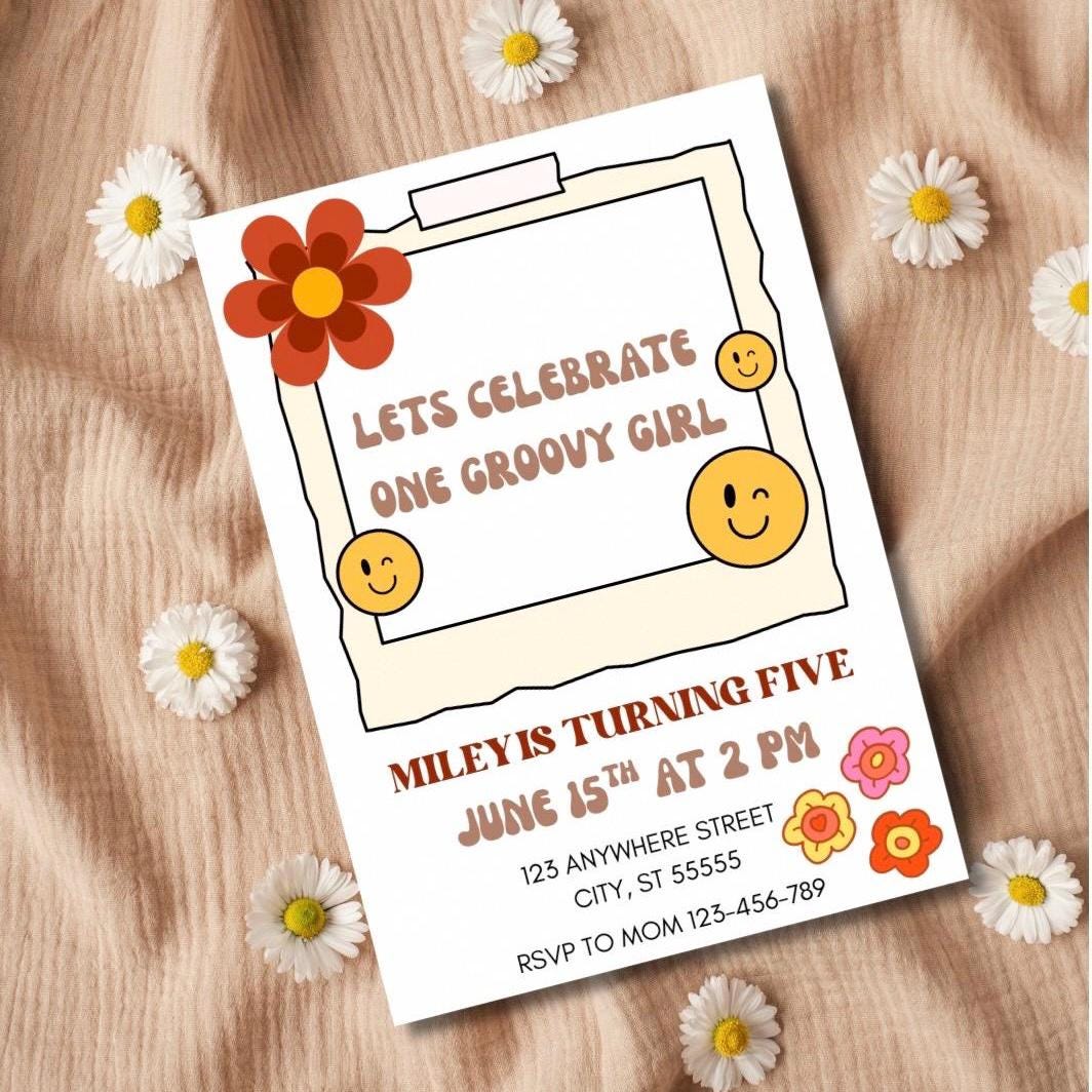One Groovy Girl Birthday Party Invitation, Canva Editable Template Retro Invite