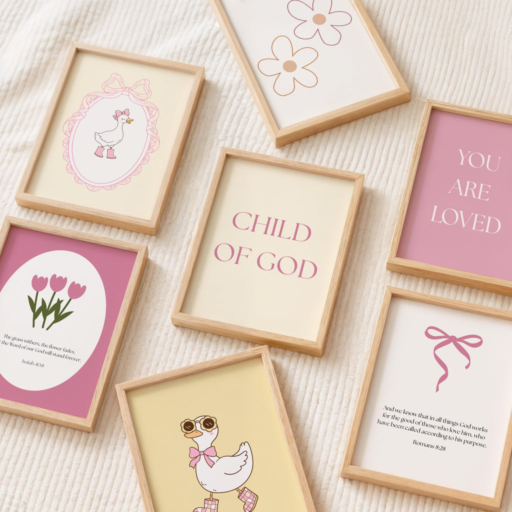 Christian Girl Printable Bedroom Nursery Wall Art, Pink Yellow Bible Verse Prints, Digital Download