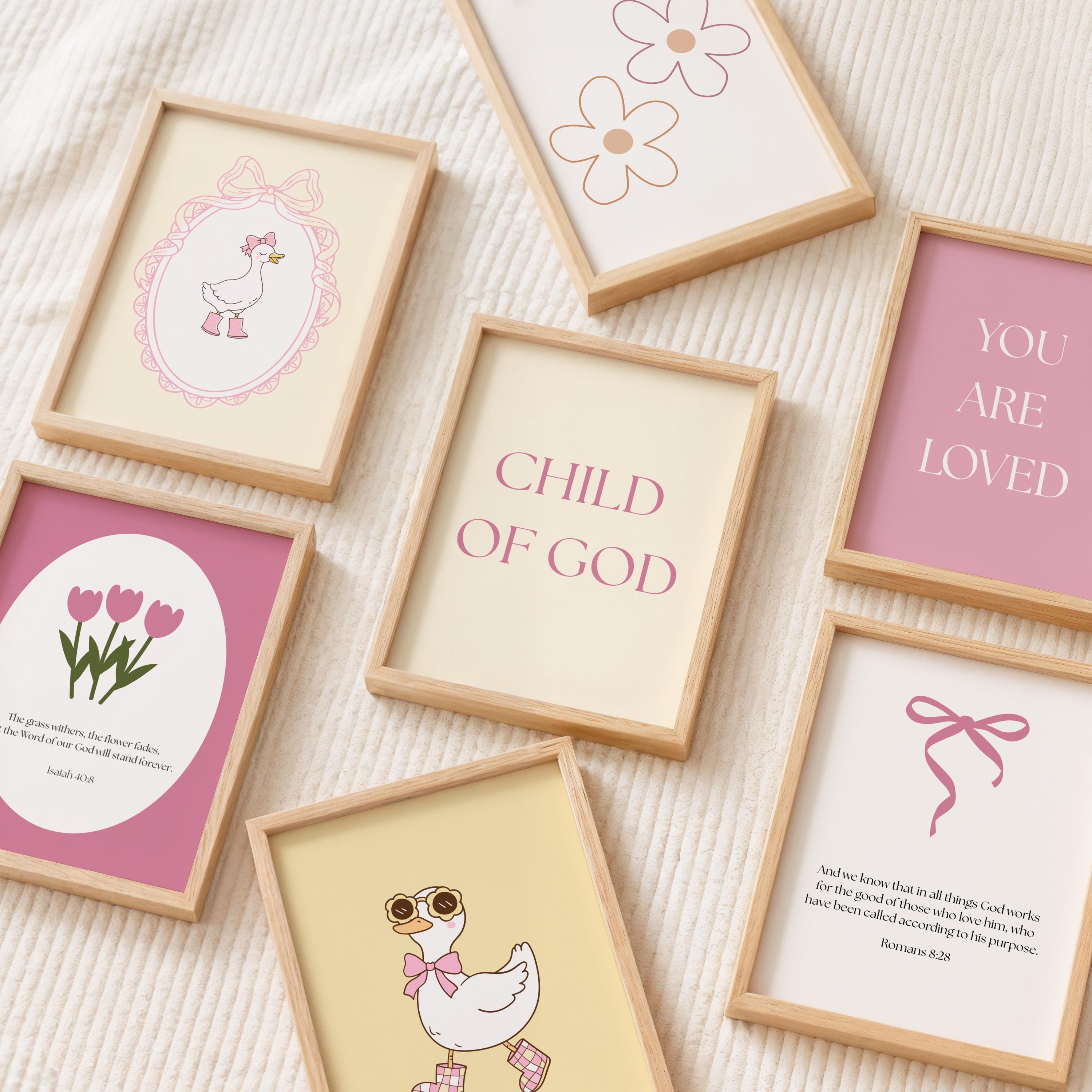 Christian Girl Printable Bedroom Nursery Wall Art, Pink Yellow Bible Verse Prints, Digital Download
