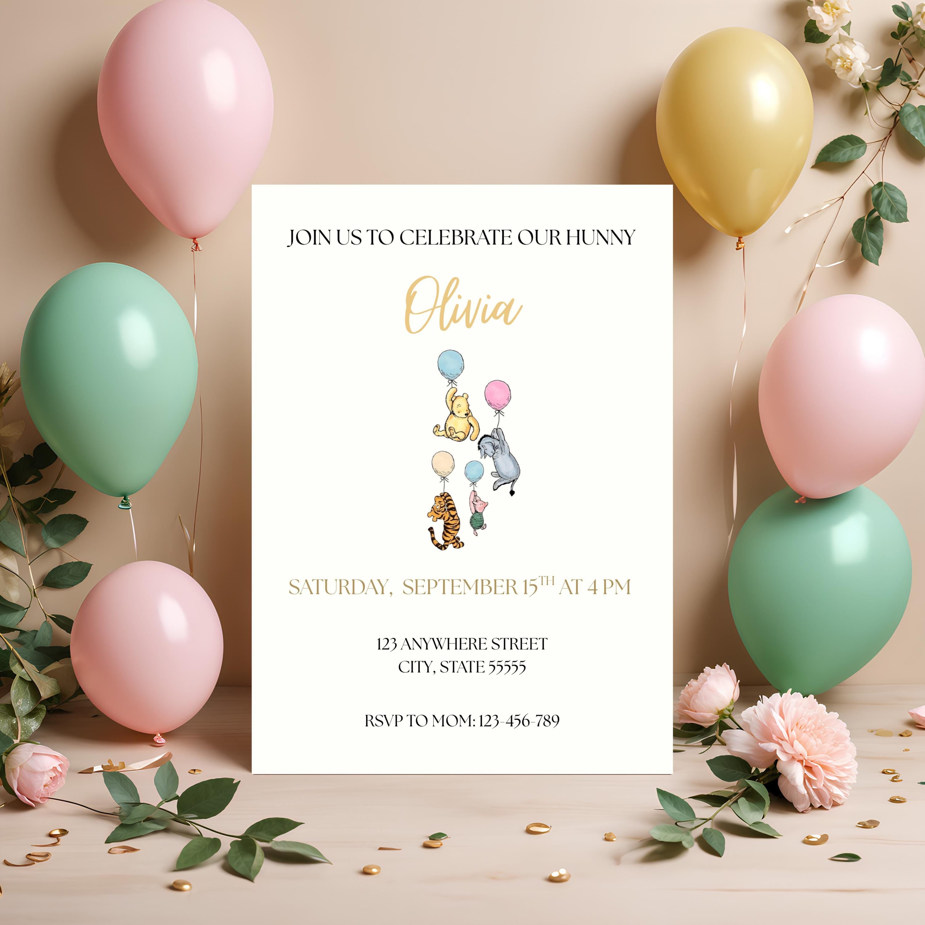 Vintage Winnie the Pooh Birthday Invitation, Our Hunny Boy Girl Party Invite, Editable Template