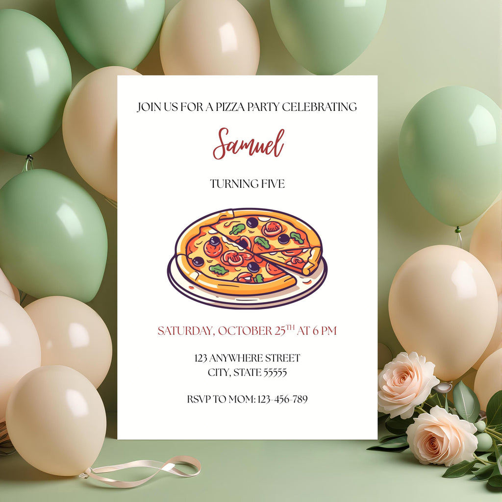 Pizza Party Birthday Invitation, Red Boy Girl Dinner Party Invite, Editable Template