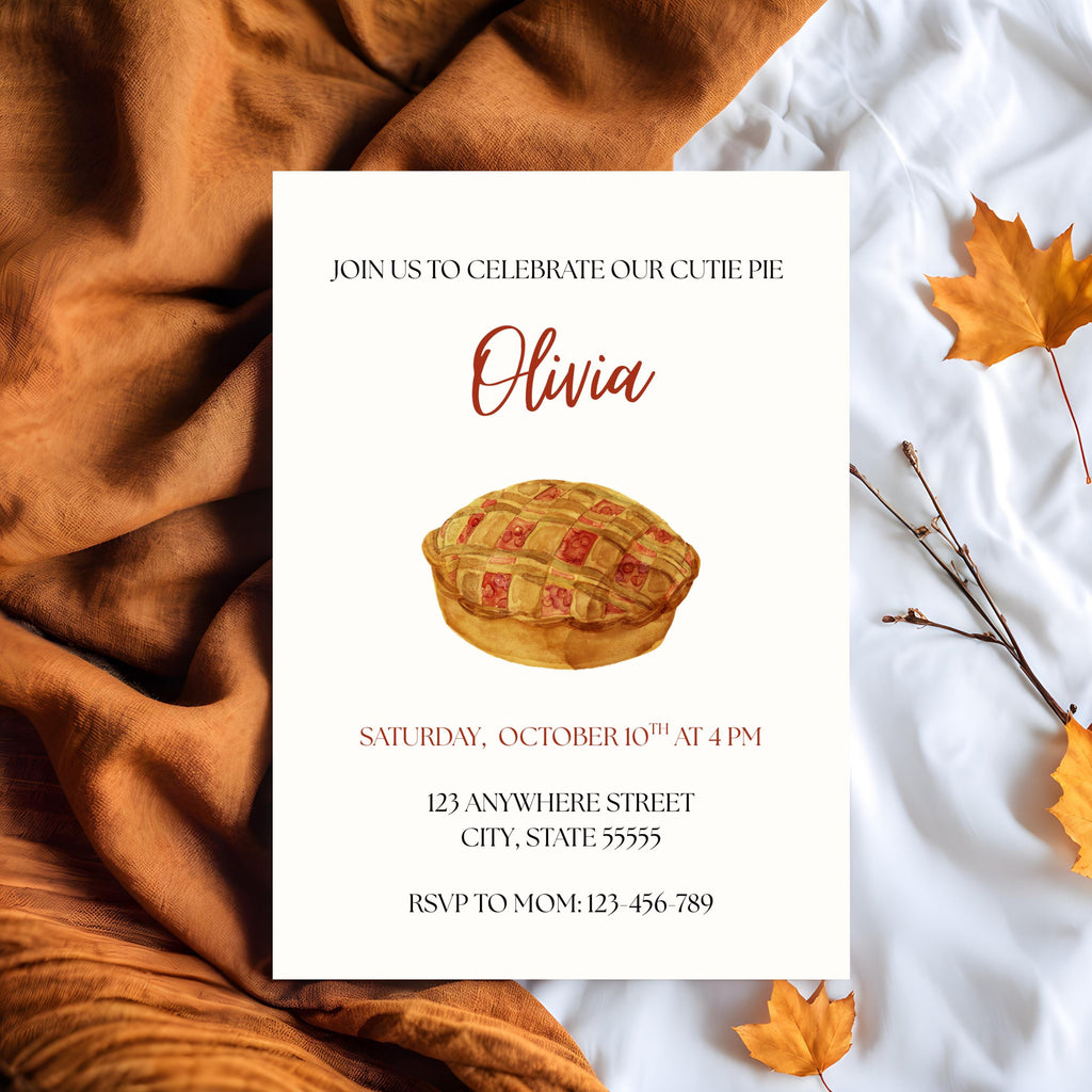 Cutie Pie Birthday Party Invitation,  Fall Themed Girl Birthday Invite, Editable Template