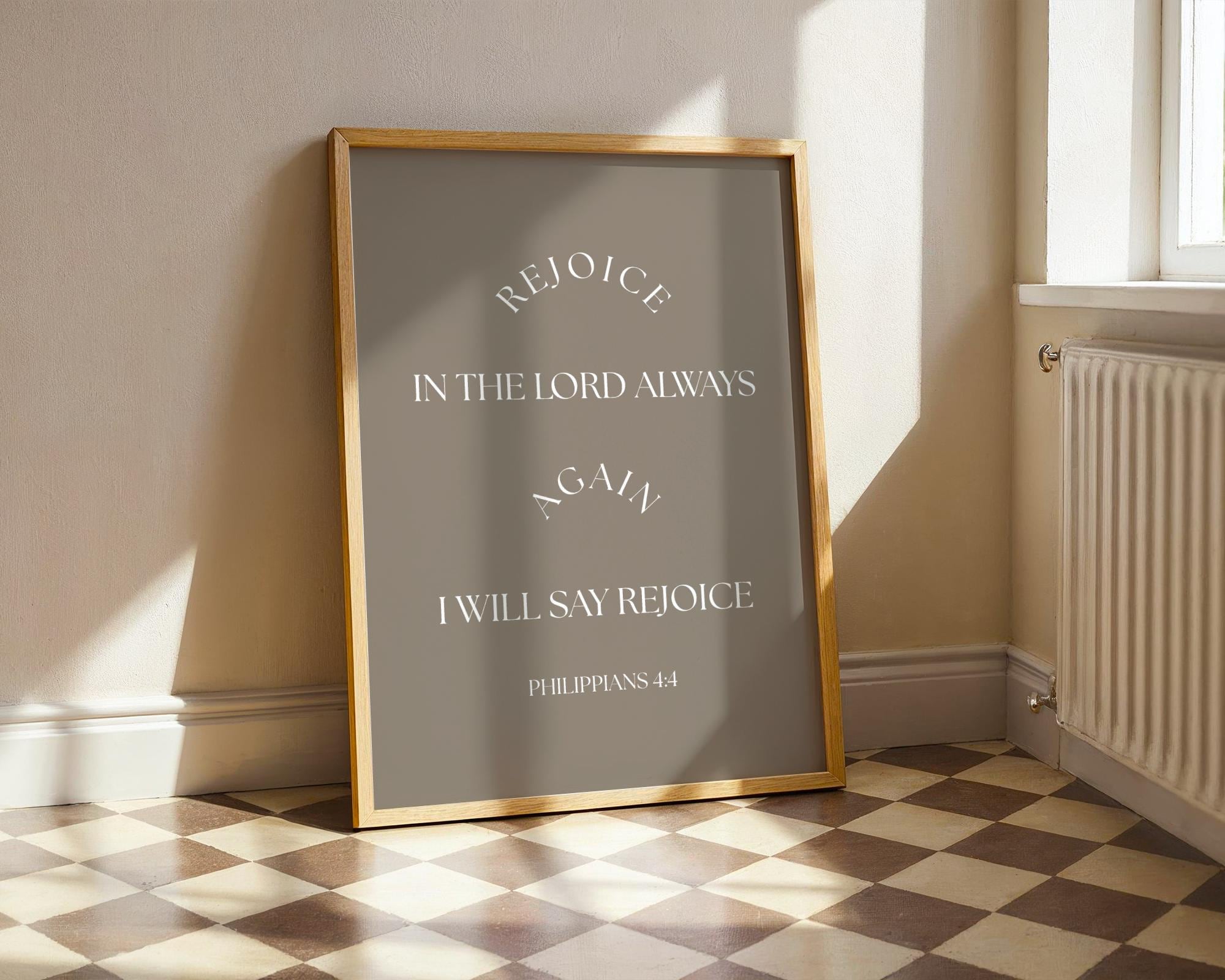 Brown Christian Wall Art, Rejoice Philippians 4 Bible Verse Print, Digital Download