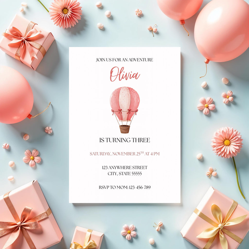 Pink Hot Air Balloon Birthday Invitation, Girl Adventure Birthday Party Invite, Editable Template
