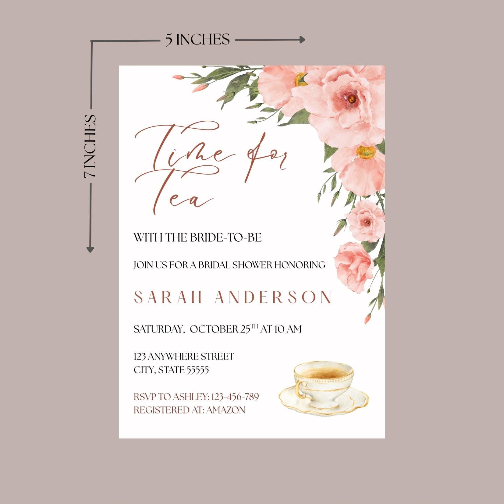 Time for Tea Bridal Shower Invitation, Pink Tea Party Invite, Editable Template