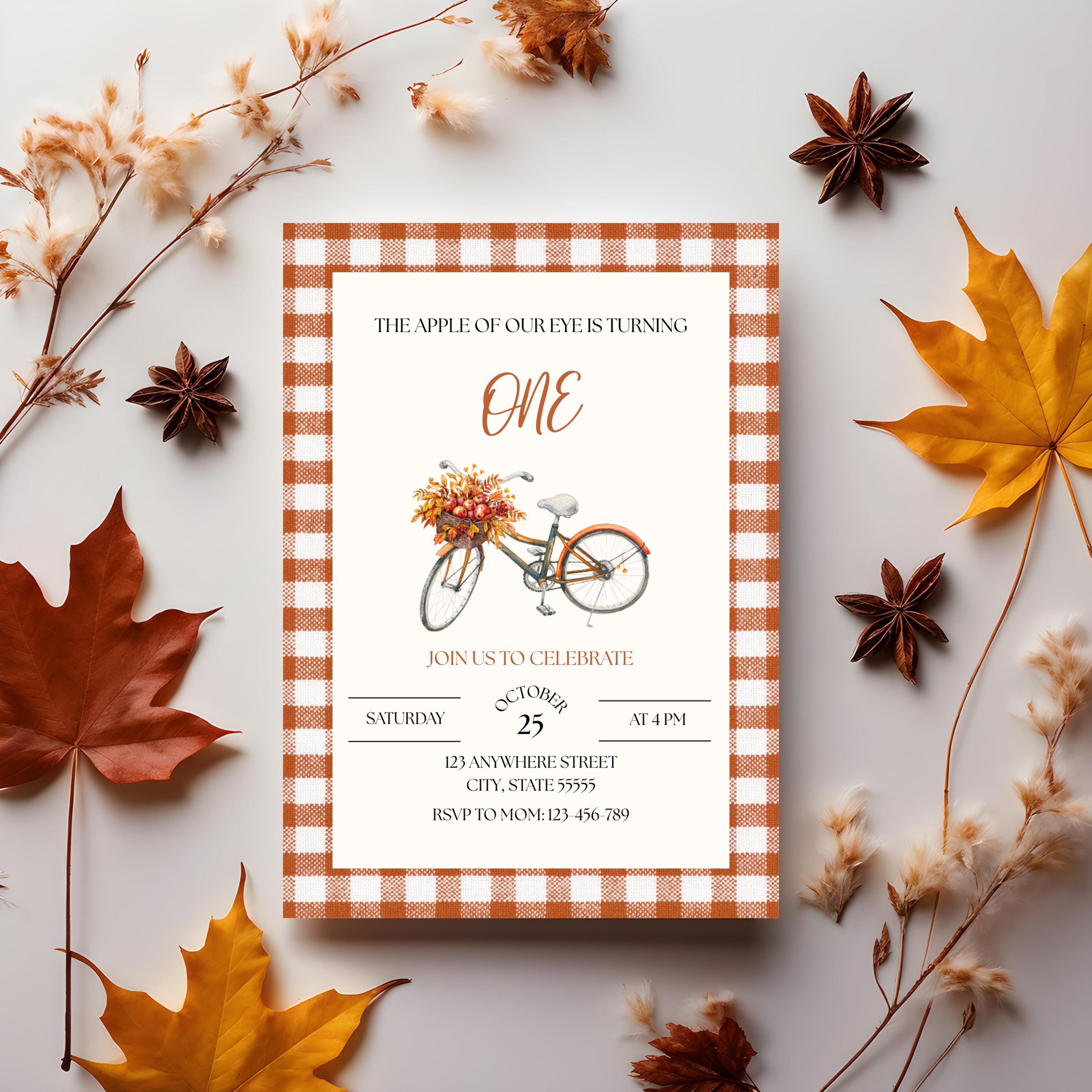Apple of our Eye Birthday Invitation, Fall Themed Party Invite (Canva Editable Template)
