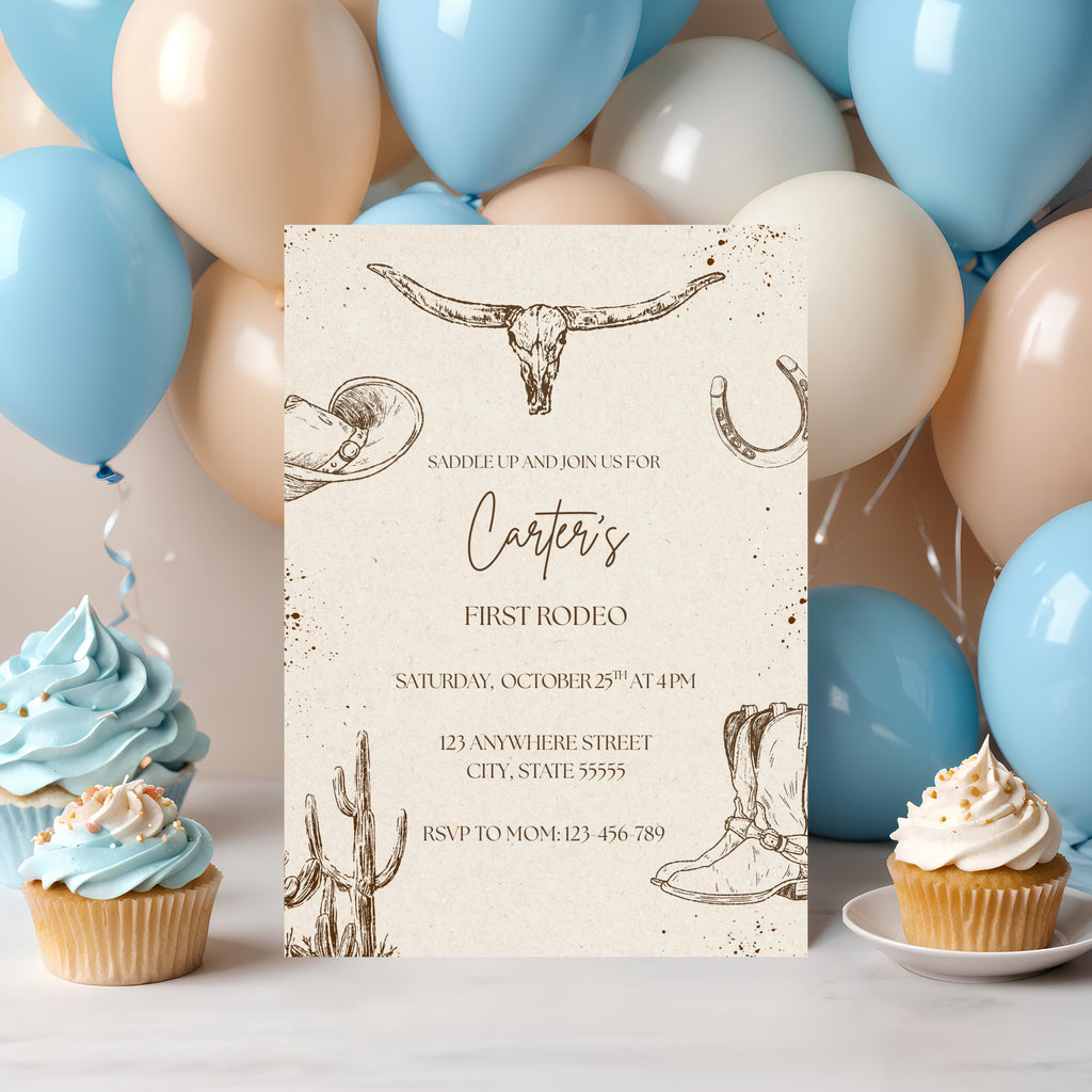 First Rodeo Birthday Invitation: Cowboy Western Theme (Editable Template)