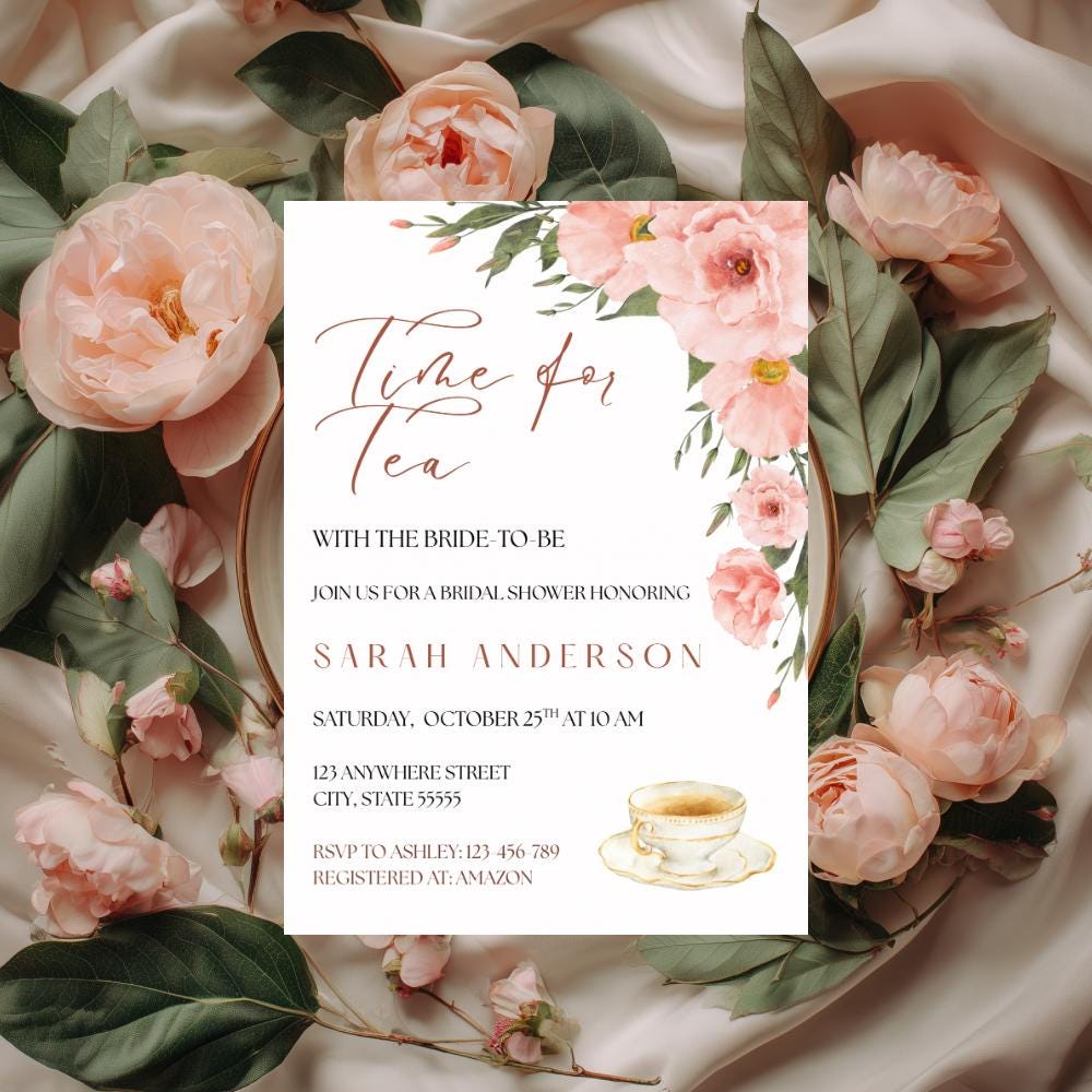 Time for Tea Bridal Shower Invitation, Pink Tea Party Invite, Editable Template
