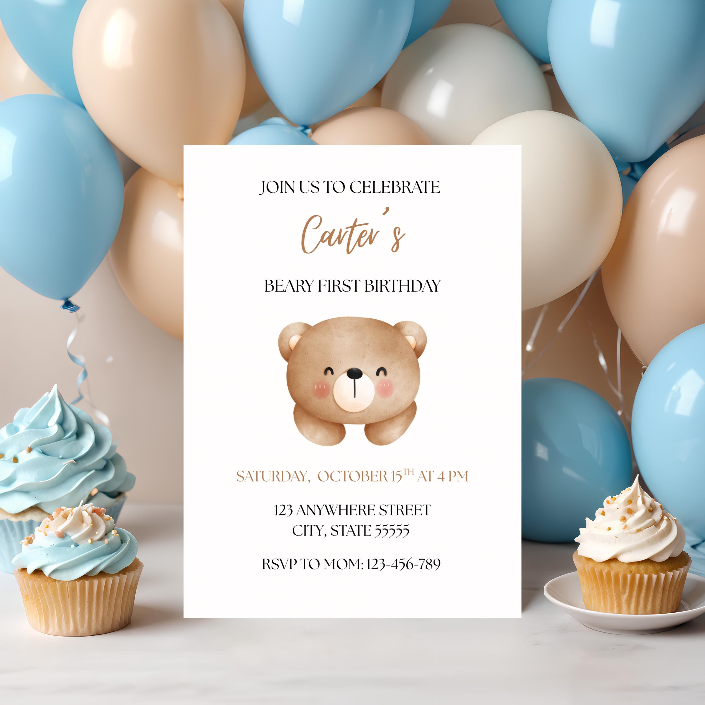 Teddy Bear 1st Birthday Invitation: Vintage Beary First Party, Canva Editable Template