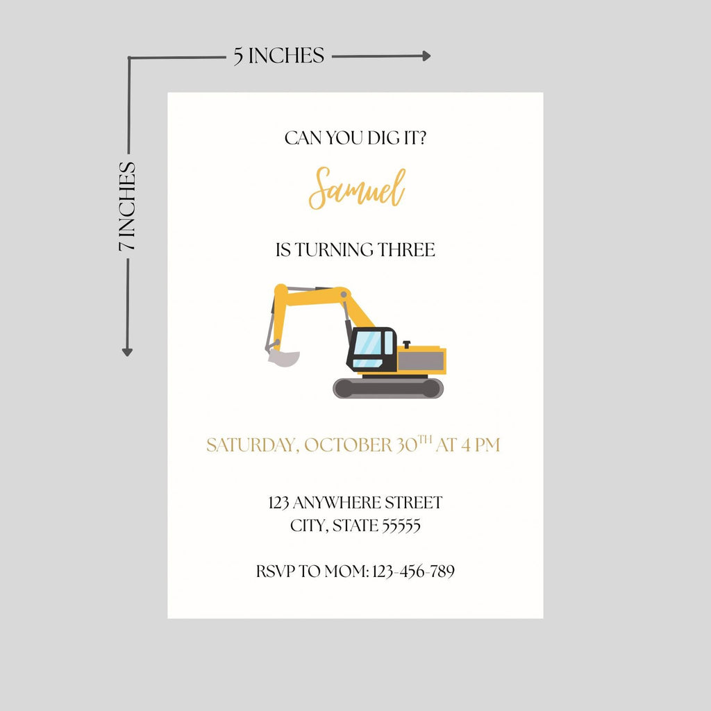 Construction Vehicle Birthday Invitation, Can You Dig It Birthday Party Invite, Editable Template
