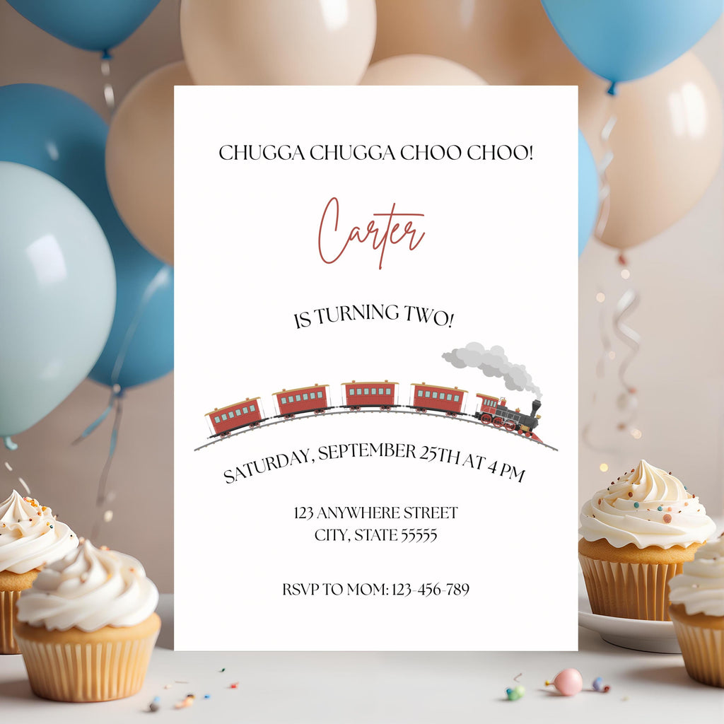 Choo Choo Train Second Birthday Invitation, Steam Engine Party Invite, Canva Editable Template