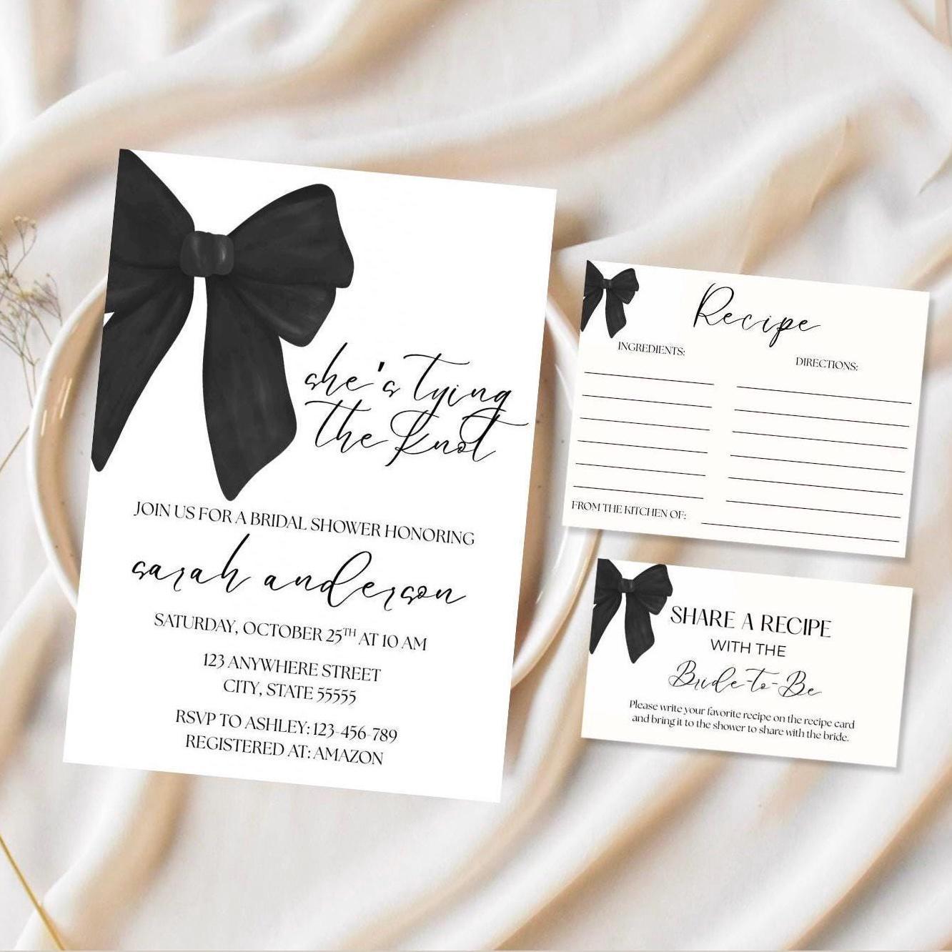 Tying the Knot Bridal Shower Bundle: Black Bow Invitation Recipe Card, Editable Canva Template