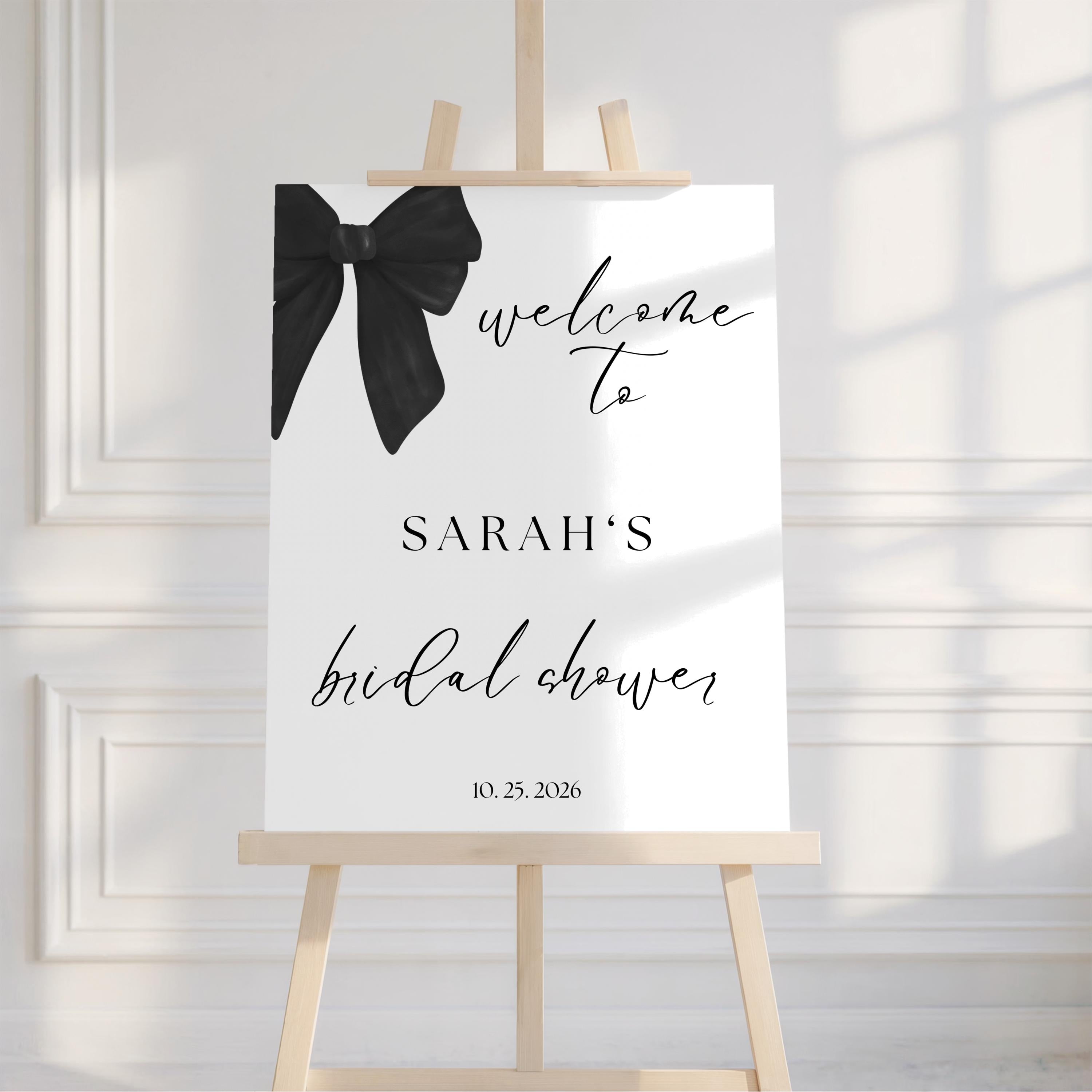 Tying the Knot Bridal Shower Welcome Sign, Black and White Coquette Bow, Editable Template