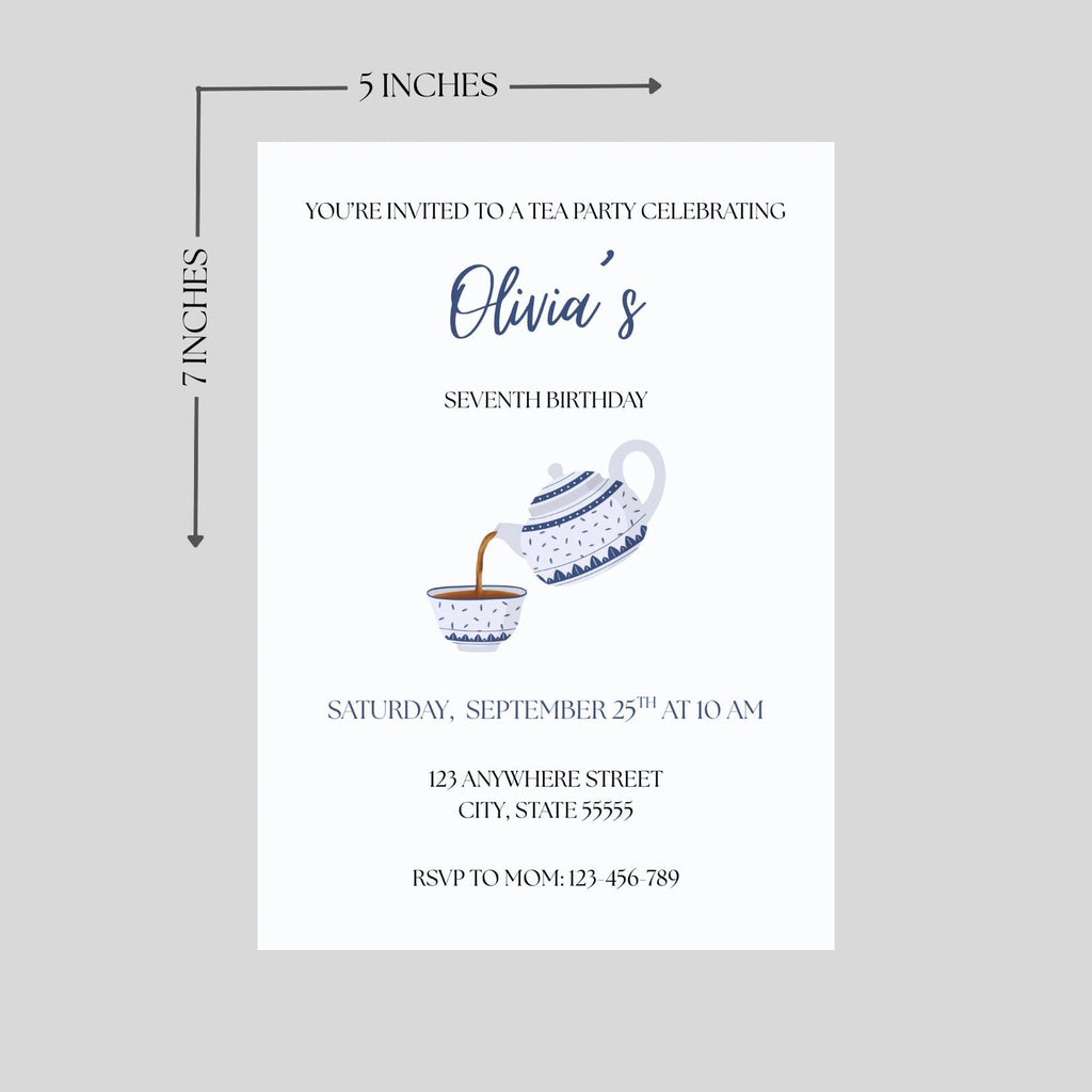 Girl Tea Party Birthday Invitation, Blue Teacup teapot Party Invite, Editable Template