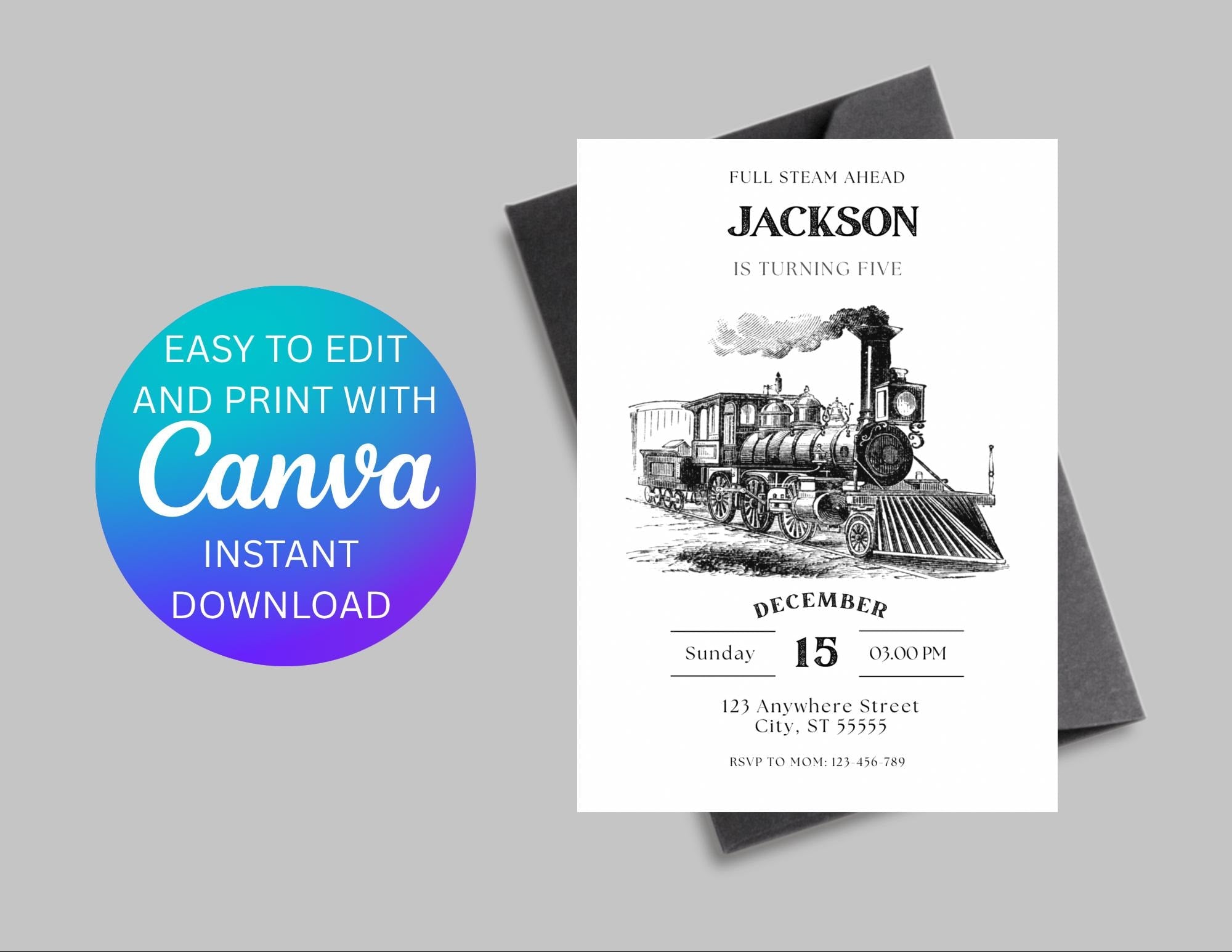Vintage Train Birthday Invitation: Black and White Party Invite, Editable Canva Template