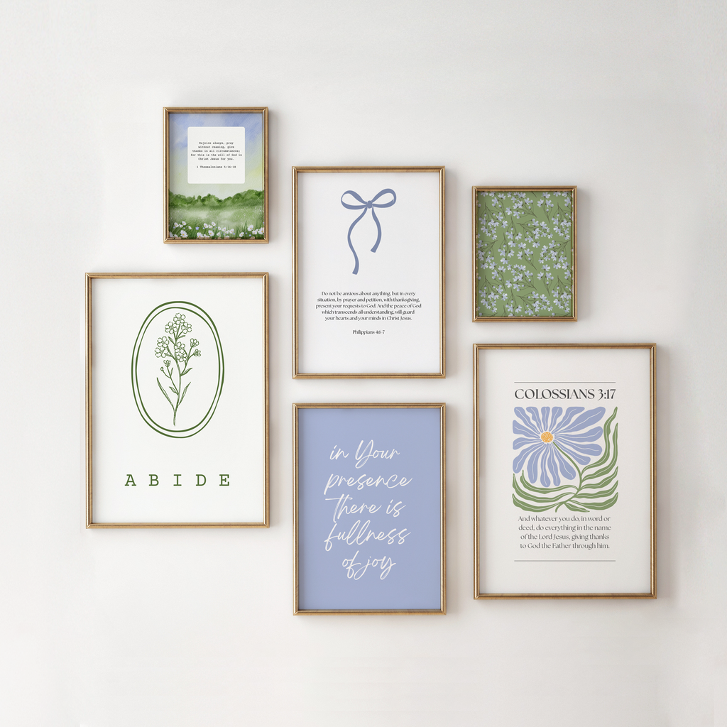 Blue Christian Wall Art Set Bedroom, Green Bible Verse Wall Print Floral, Digital Download
