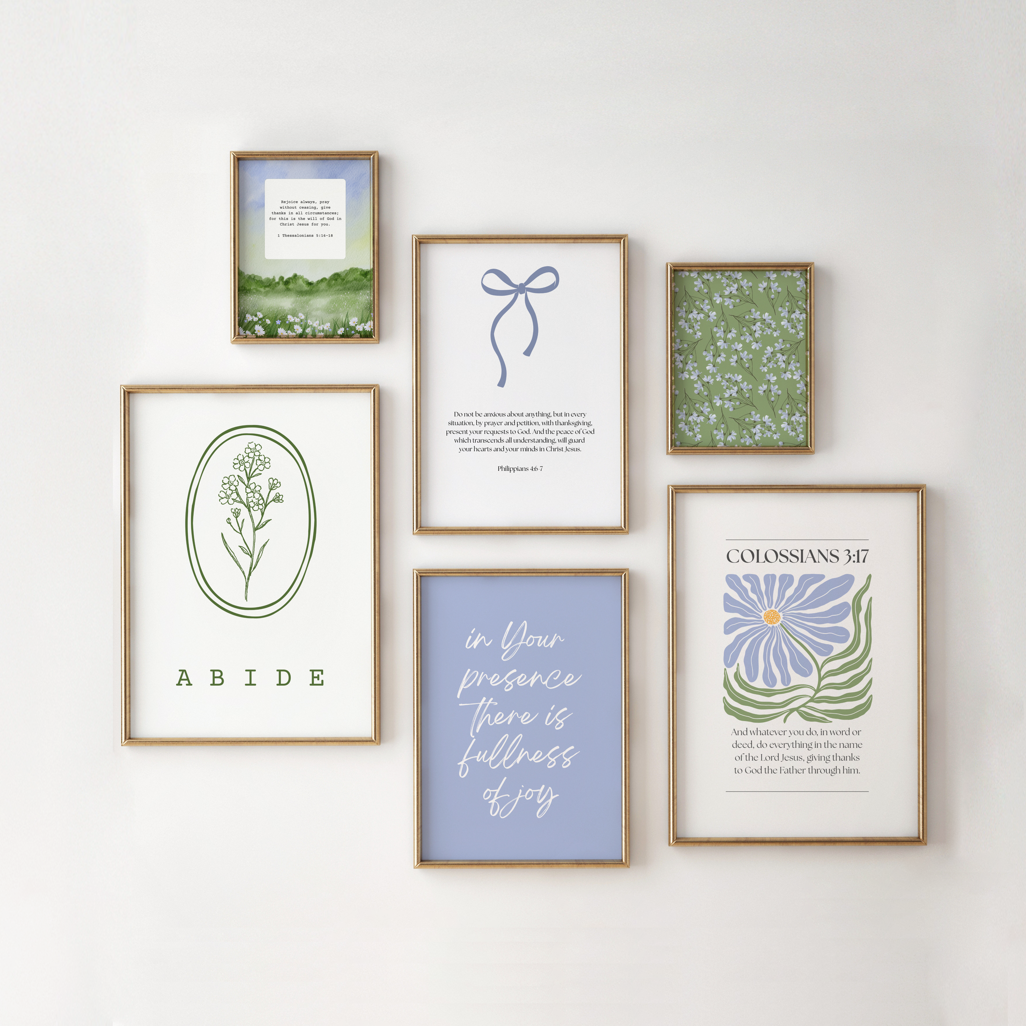 Blue Christian Wall Art Set Bedroom, Green Bible Verse Wall Print Floral, Digital Download