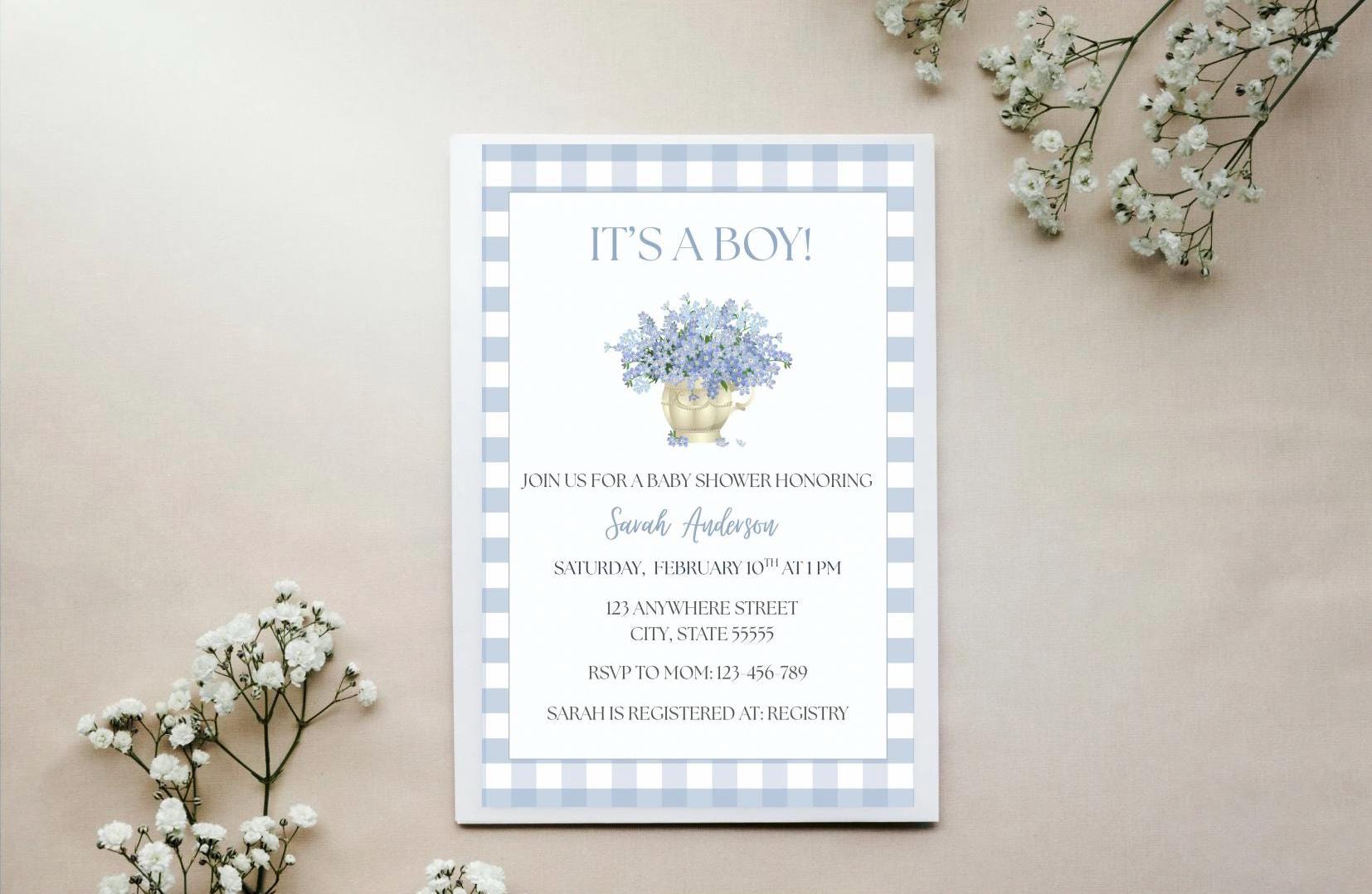 Floral Baby Shower Invitation, Blue Gingham Party Invite, Editable Template