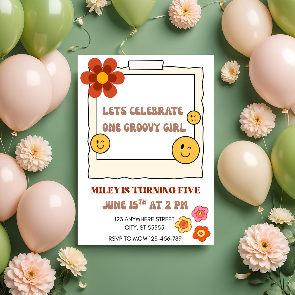 One Groovy Girl Birthday Invitation, Retro Floral Party Invite, Editable Template