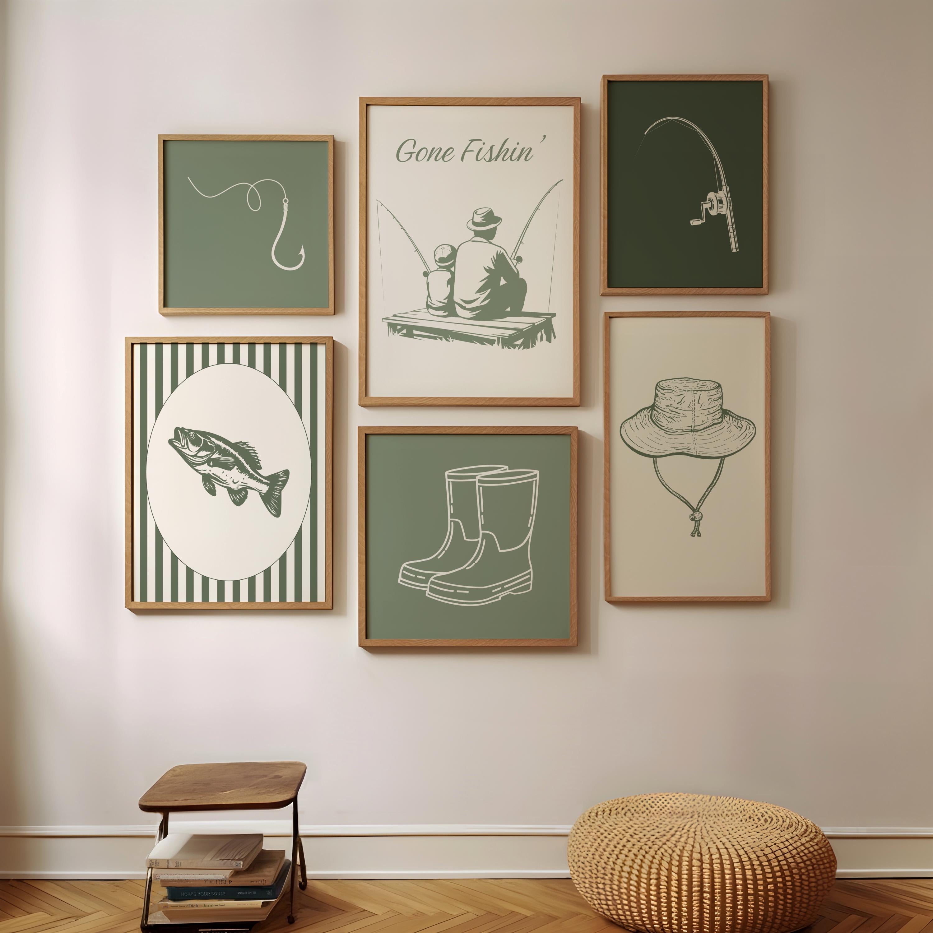 Vintage Fishing Nursery Wall Art, Green Kids Room Poster Prints, Digital Download