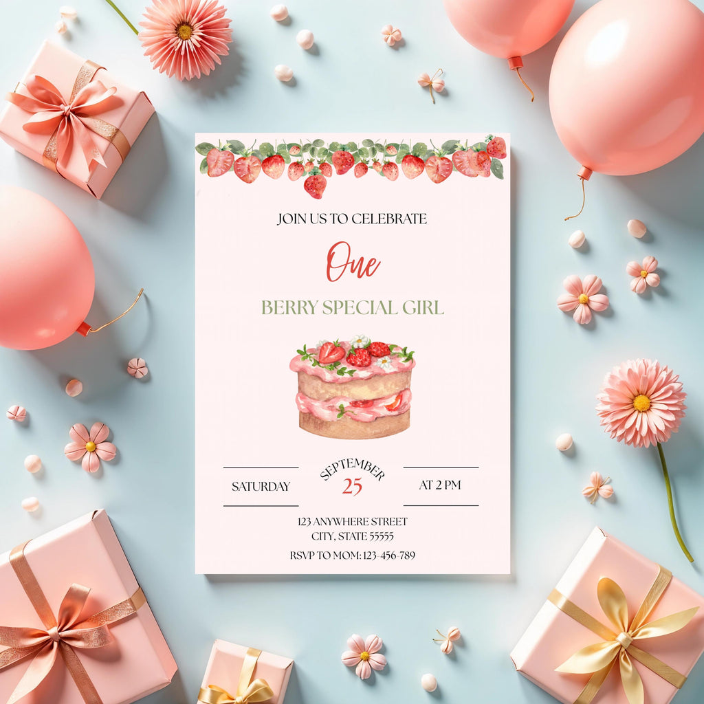 Berry First Birthday Invitation, Girl Party Invite, Canva Editable Template