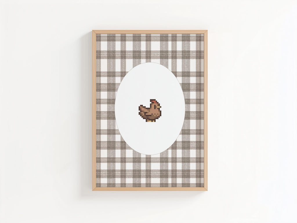 Stardew Valley Wall Art, Brown Gingham Chicken Poster Print, Digital Download