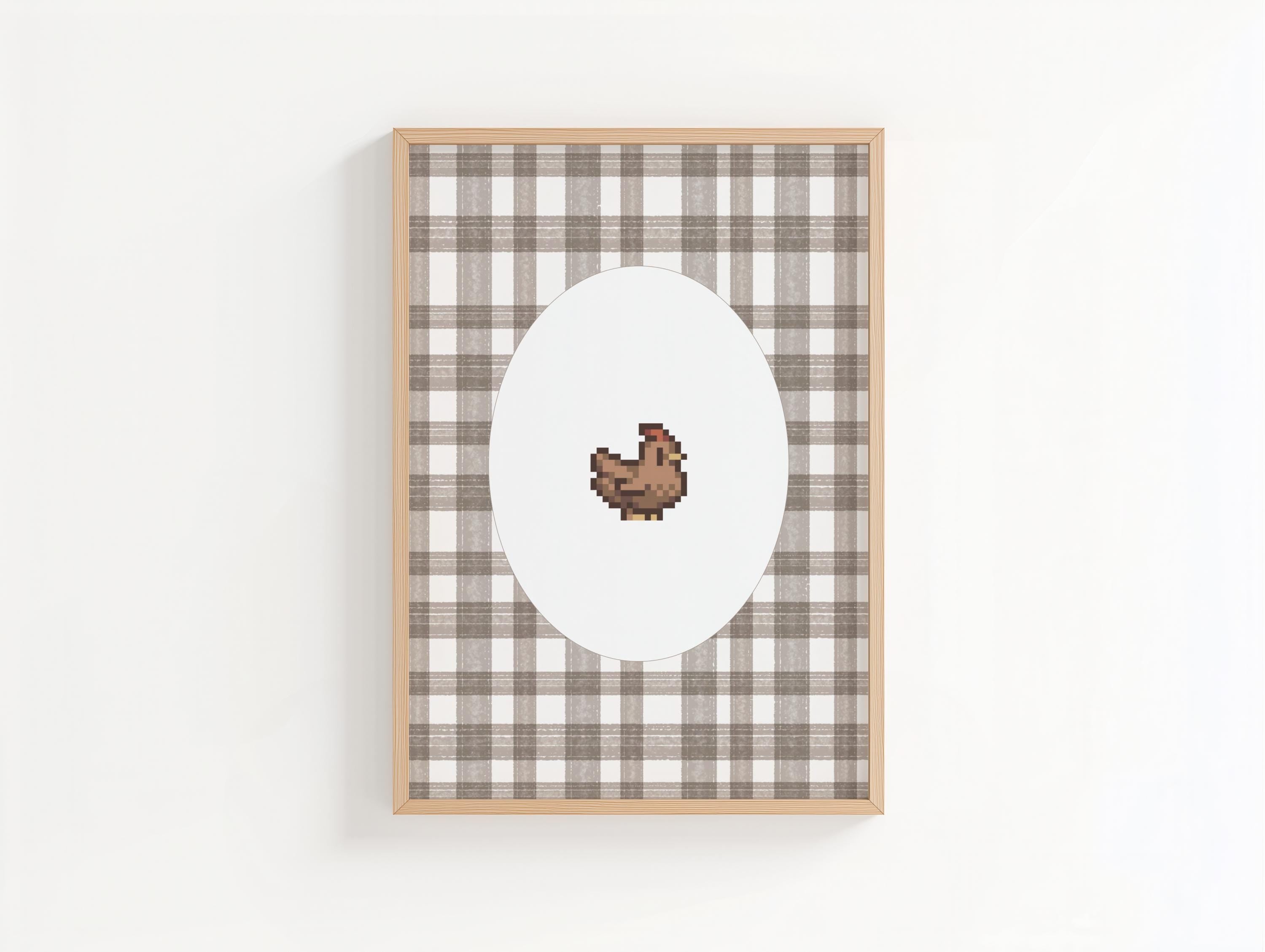 Stardew Valley Wall Art, Brown Gingham Chicken Poster Print, Digital Download
