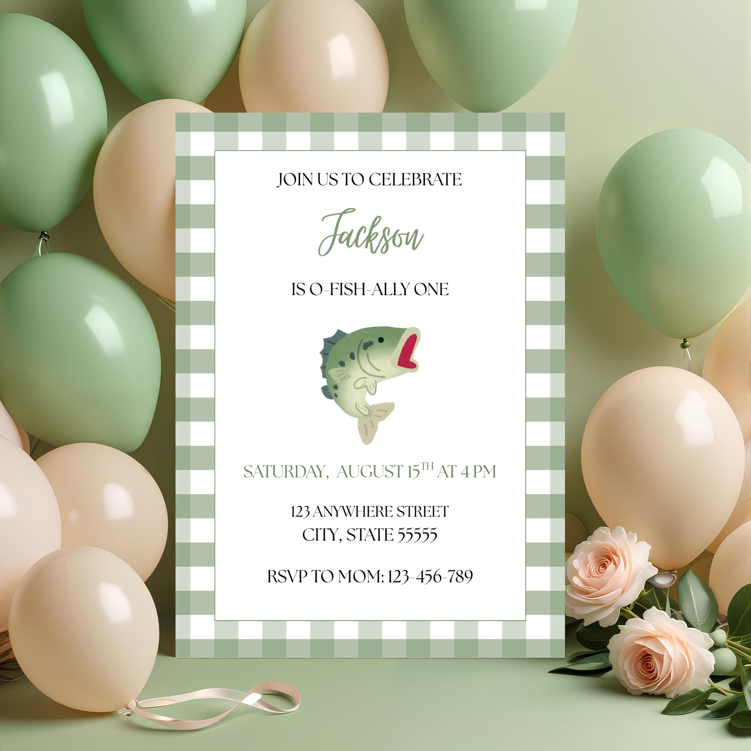 O-Fish-Ally One Birthday Invitation, Boy Fishing First Party Invite, Canva Editable Template