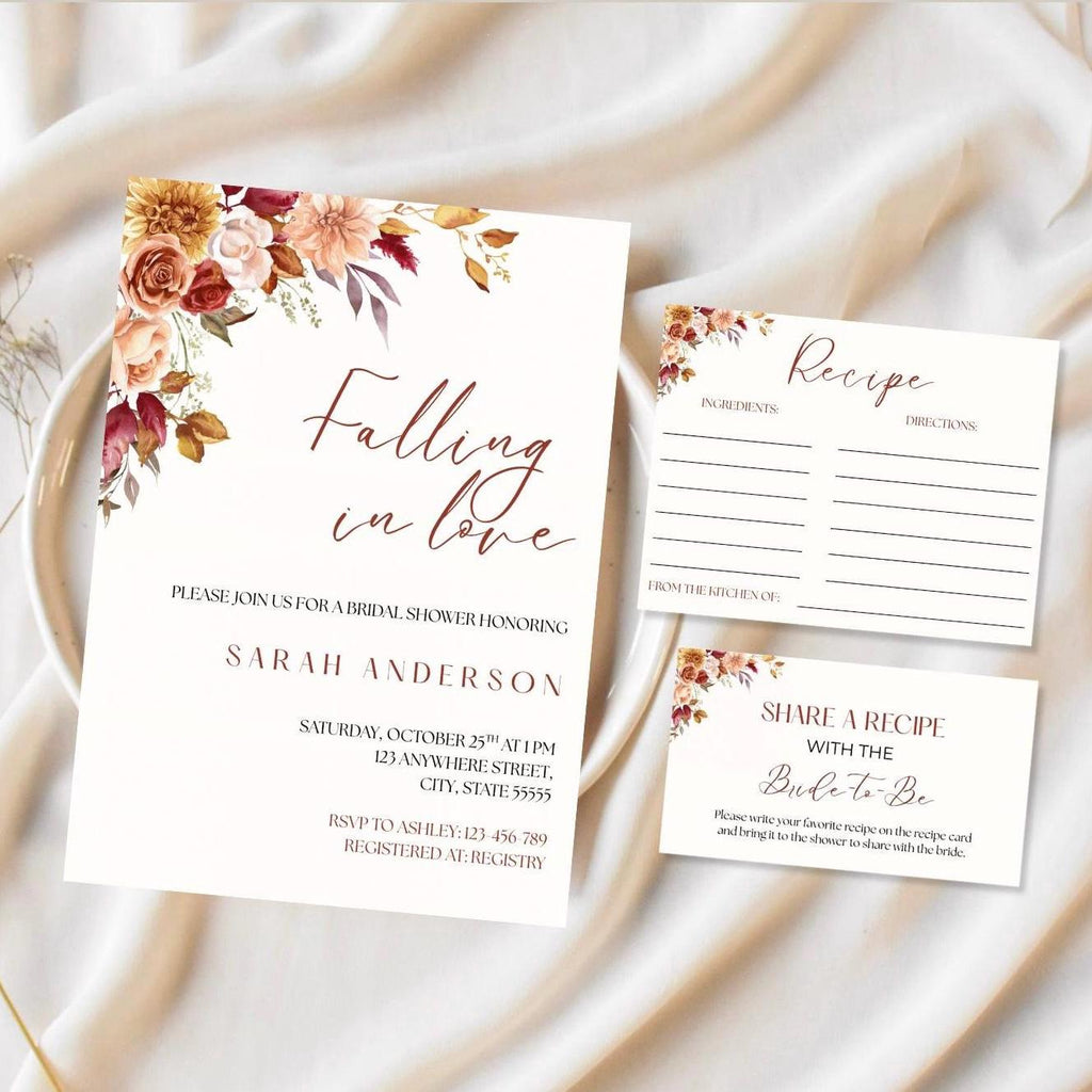 Falling in Love Bridal Shower Bundle: Fall Floral Invitation Recipe Card, Editable Canva Template