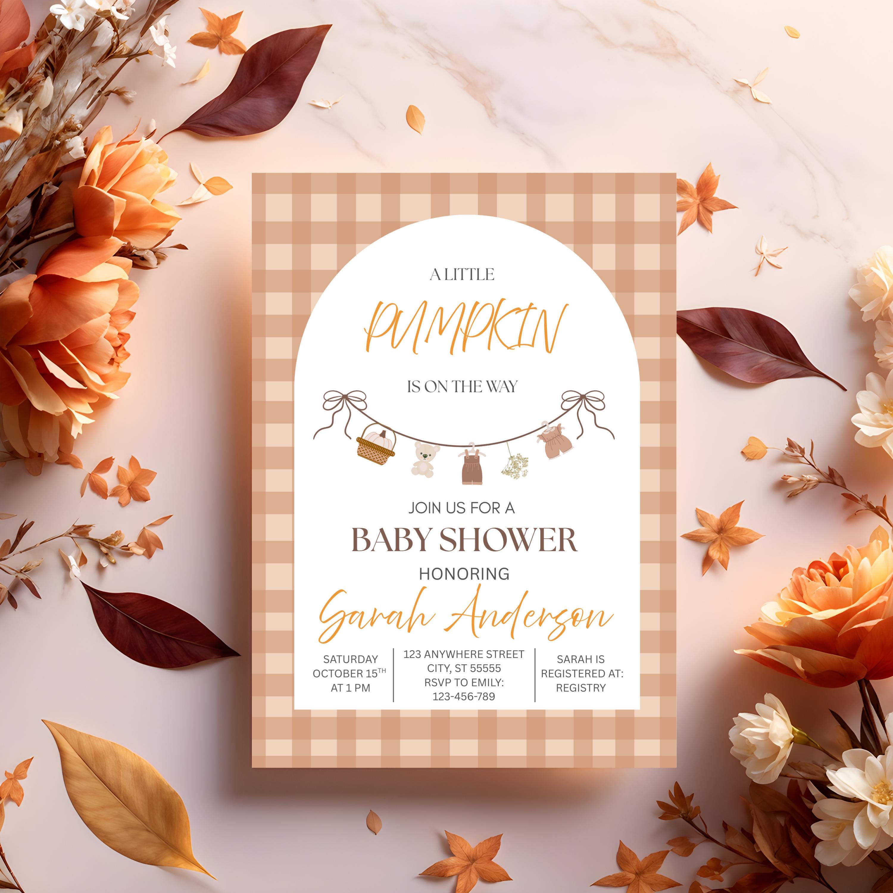 Little Pumpkin On The Way Invitation, Fall Baby Shower Invite Gingham, Editable Template