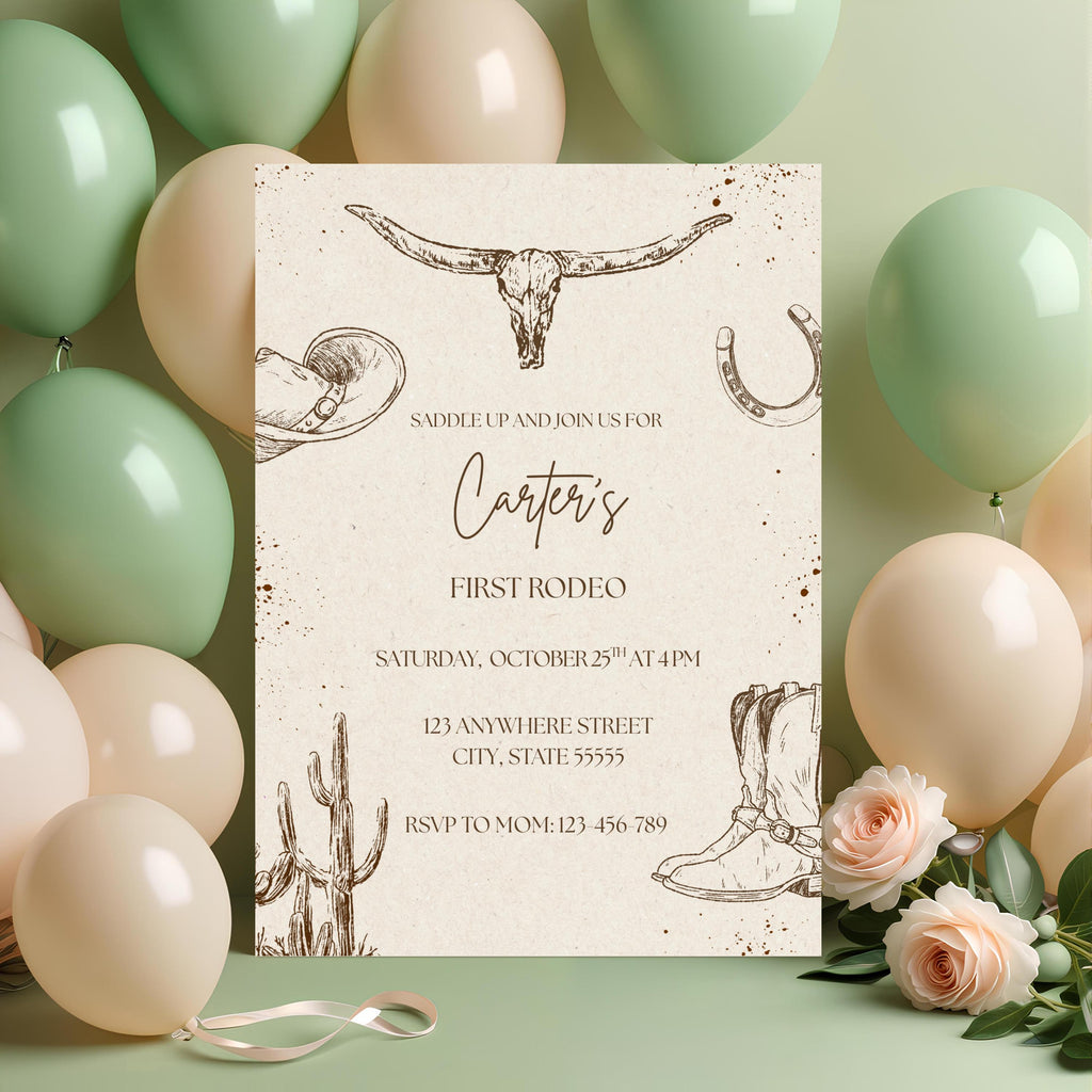 First Rodeo Birthday Invitation: Cowboy Western Theme (Editable Template)
