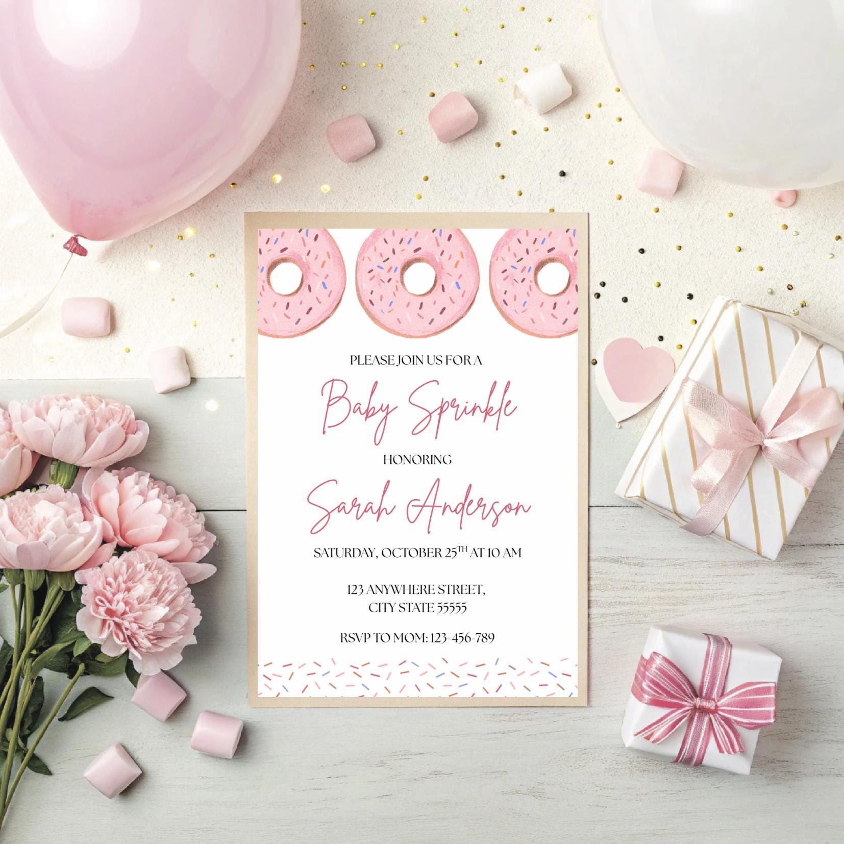 Pink Donut Baby Sprinkle Invitation: Editable Template (Digital Download)