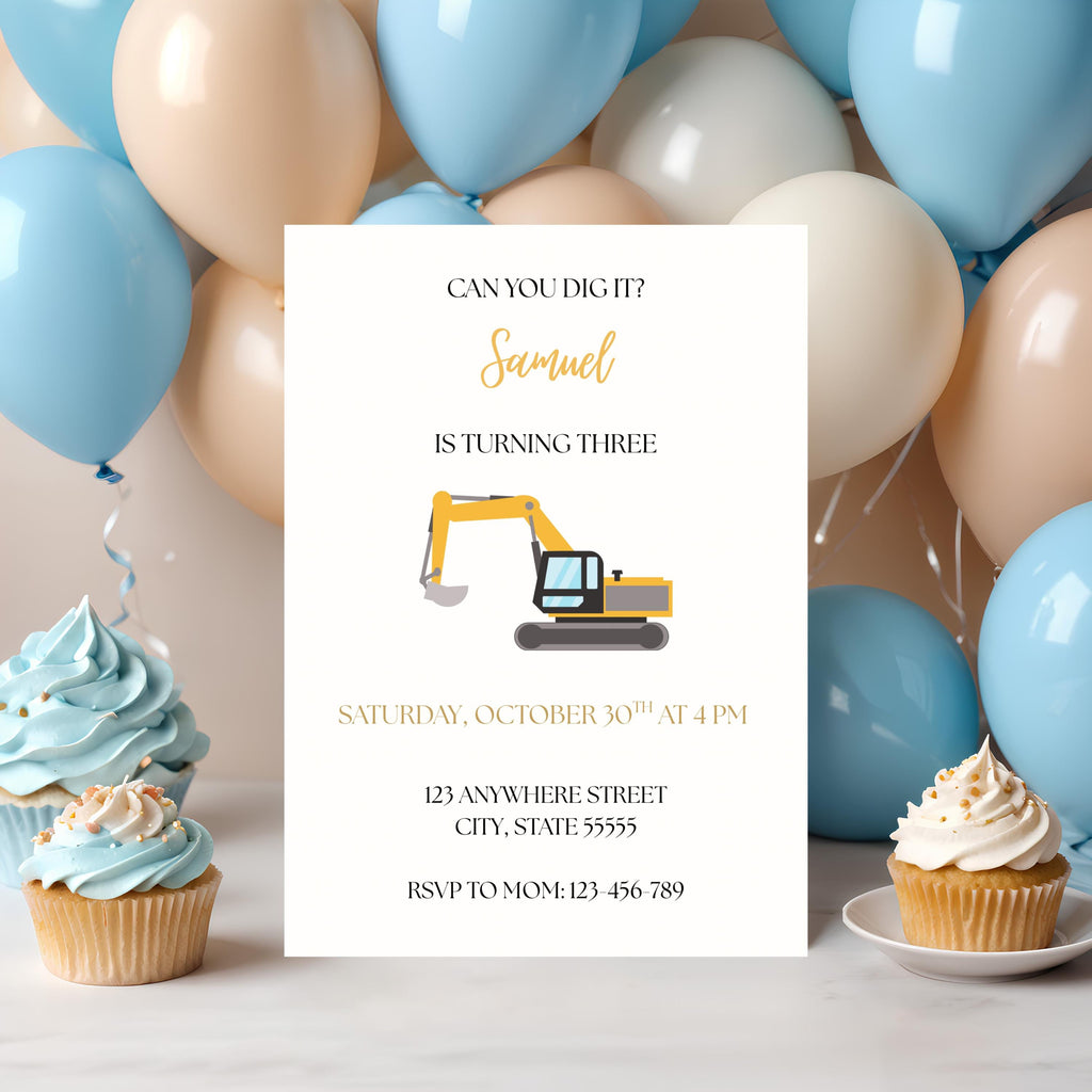 Construction Vehicle Birthday Invitation, Can You Dig It Birthday Party Invite, Editable Template