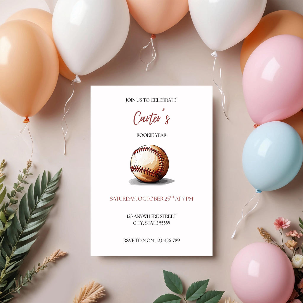 Rookie Year Birthday Invitation, Boys Baseball Themed Party Invite, Editable Template